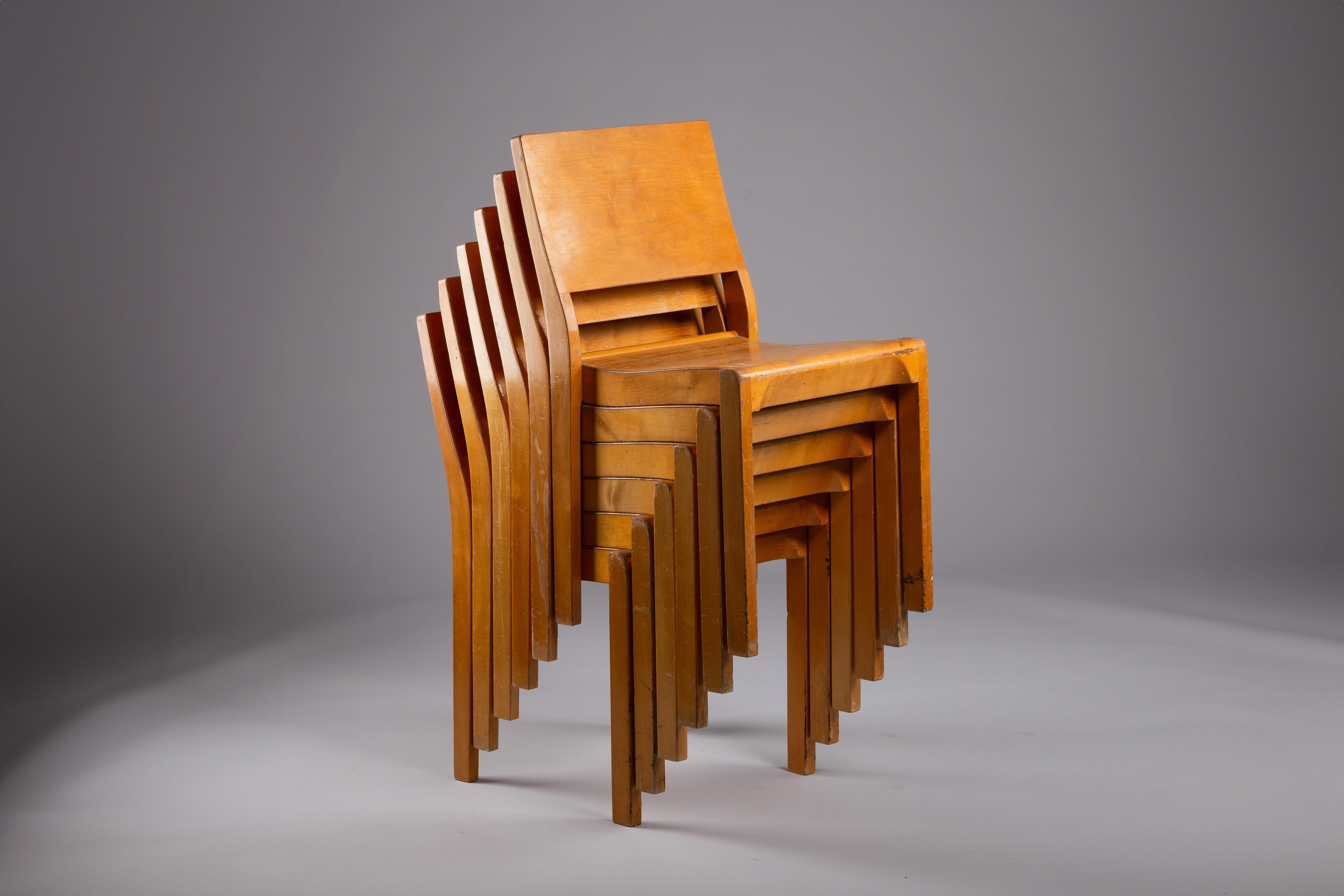 20th Century Alvar Aalto, set of 6 c. 1940's model 611 chairs with great honey patina