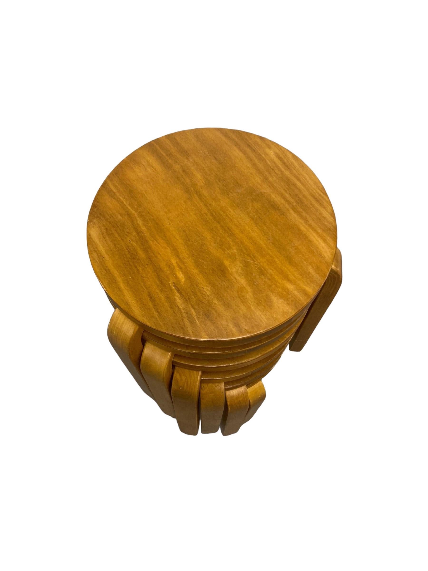 Scandinavian Modern Set of 6 Alvar Aalto 3 Legged Stackable Birch Stools Model. 60, Artek 1960s For Sale