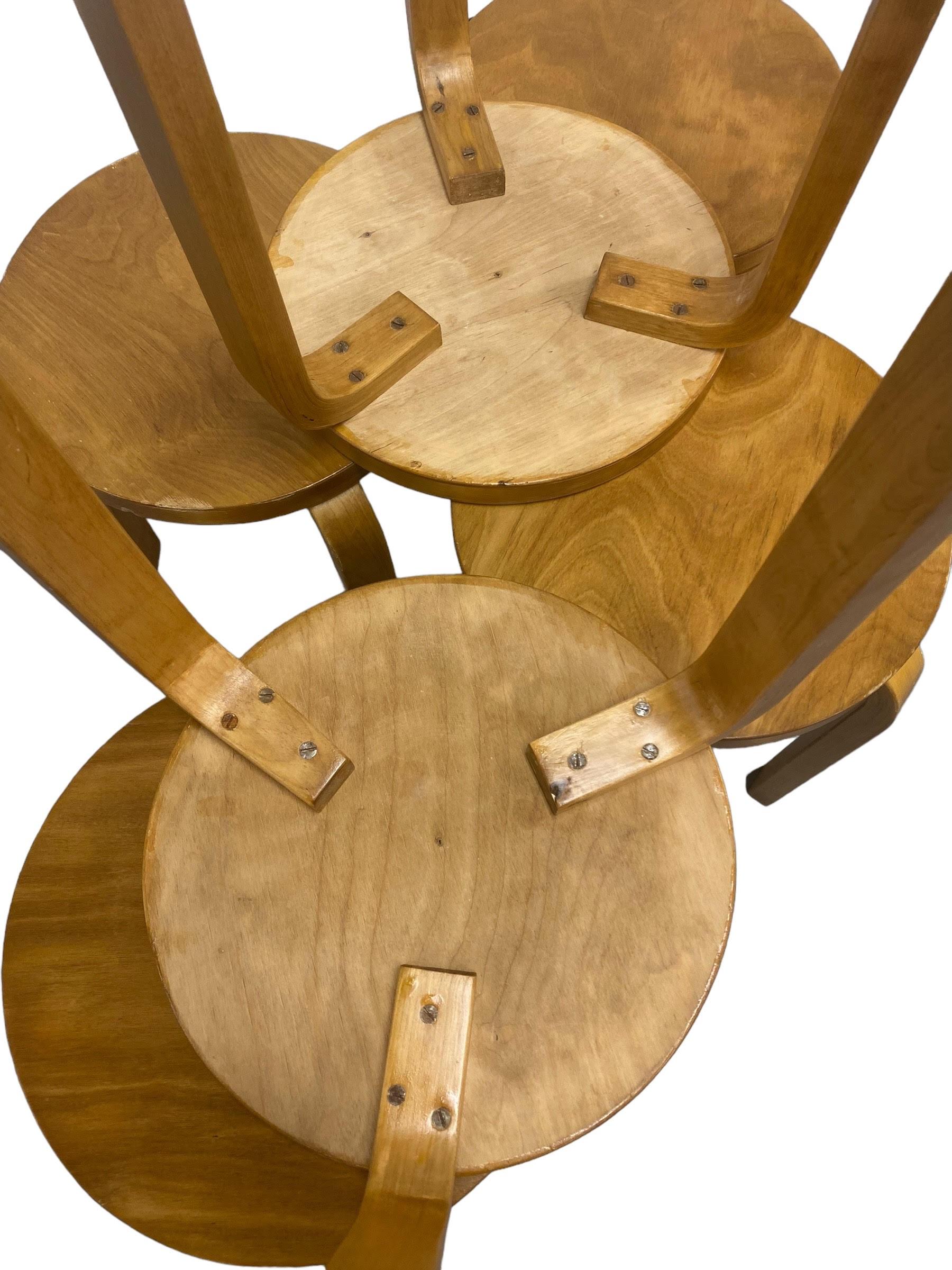 Mid-20th Century Set of 6 Alvar Aalto 3 Legged Stackable Birch Stools Model. 60, Artek 1960s For Sale