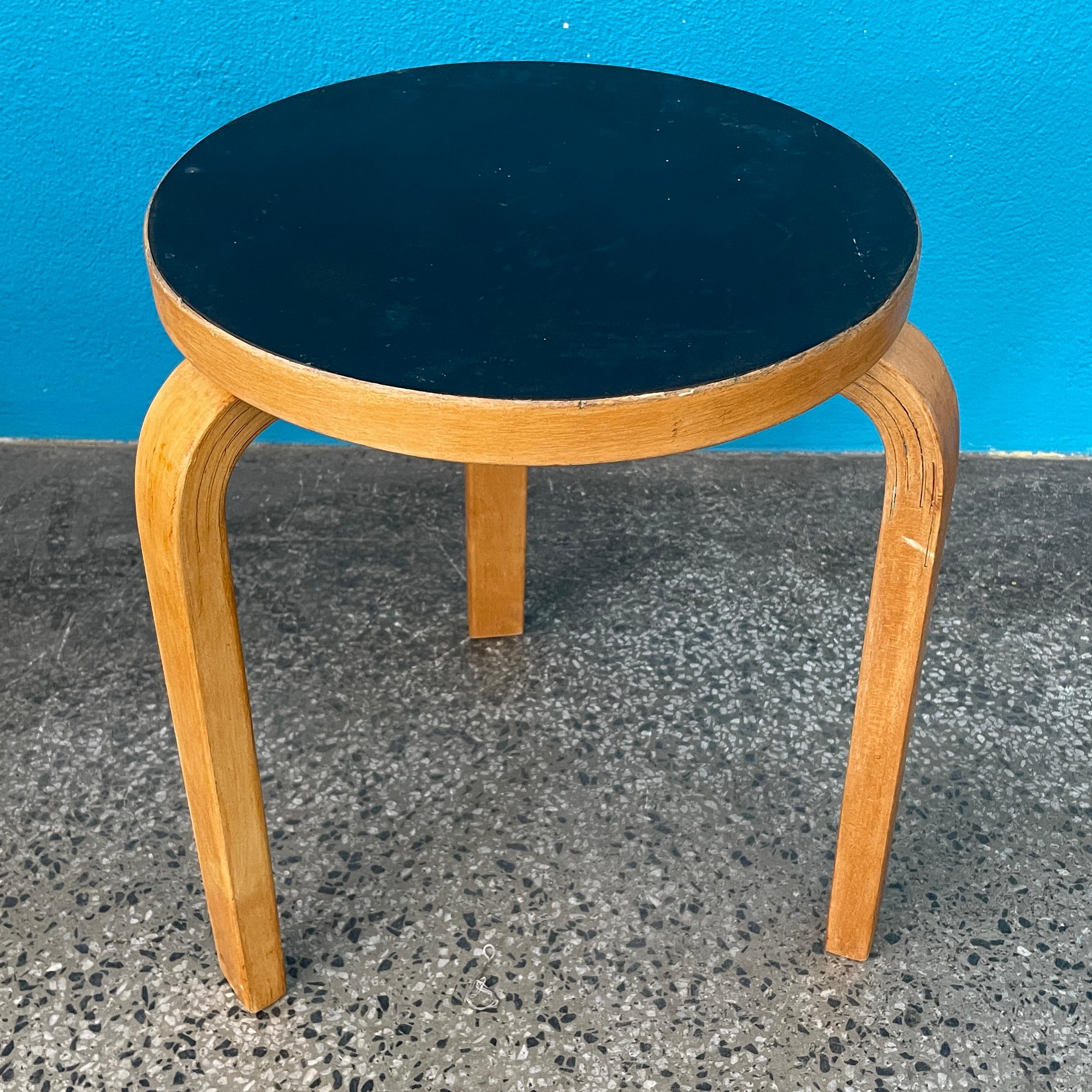 Finnish Alvar Aalto Stool 60, Black Linoleum Top, 1950's, Artek Finland