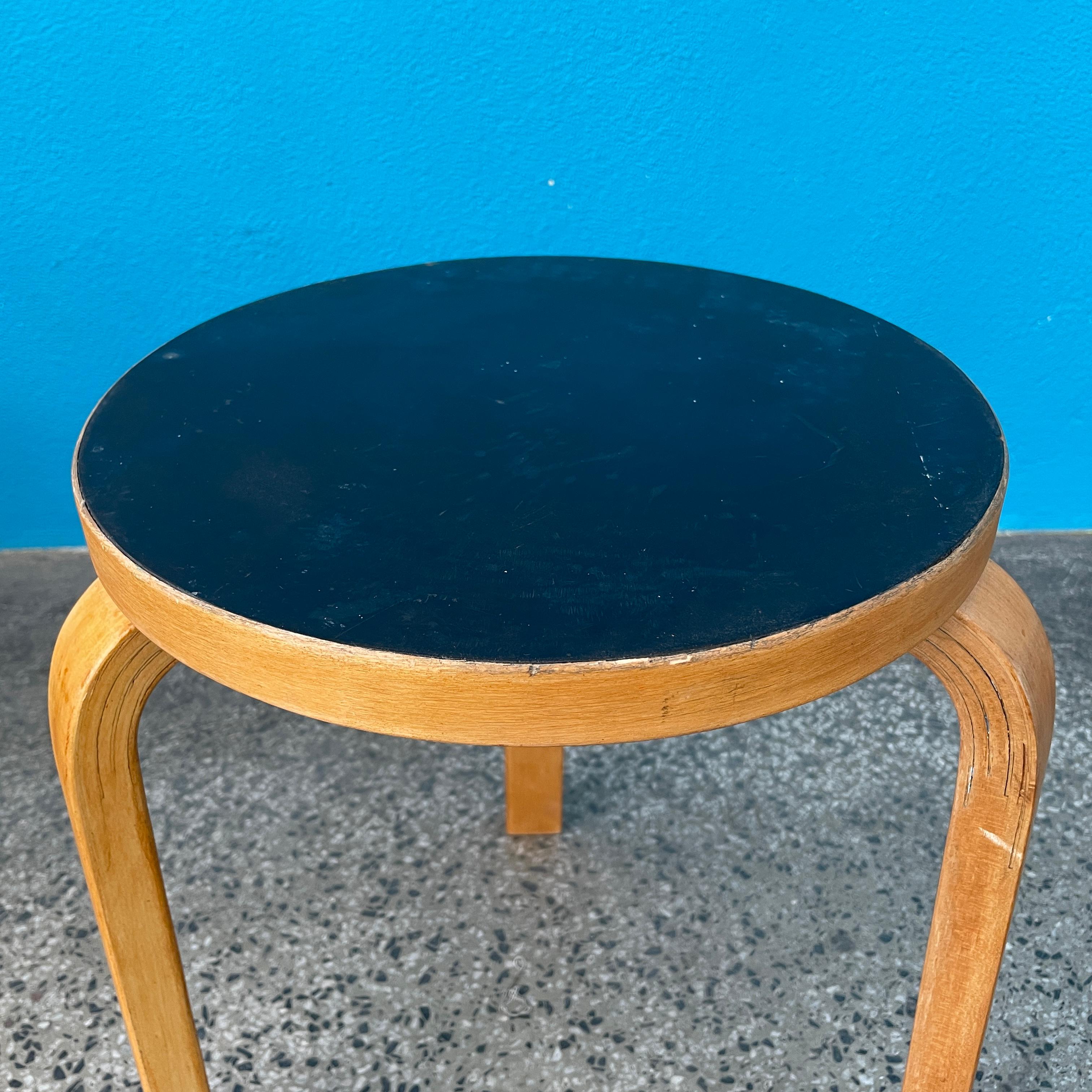 Alvar Aalto Stool 60, Black Linoleum Top, 1950's, Artek Finland In Distressed Condition In Turku, FI
