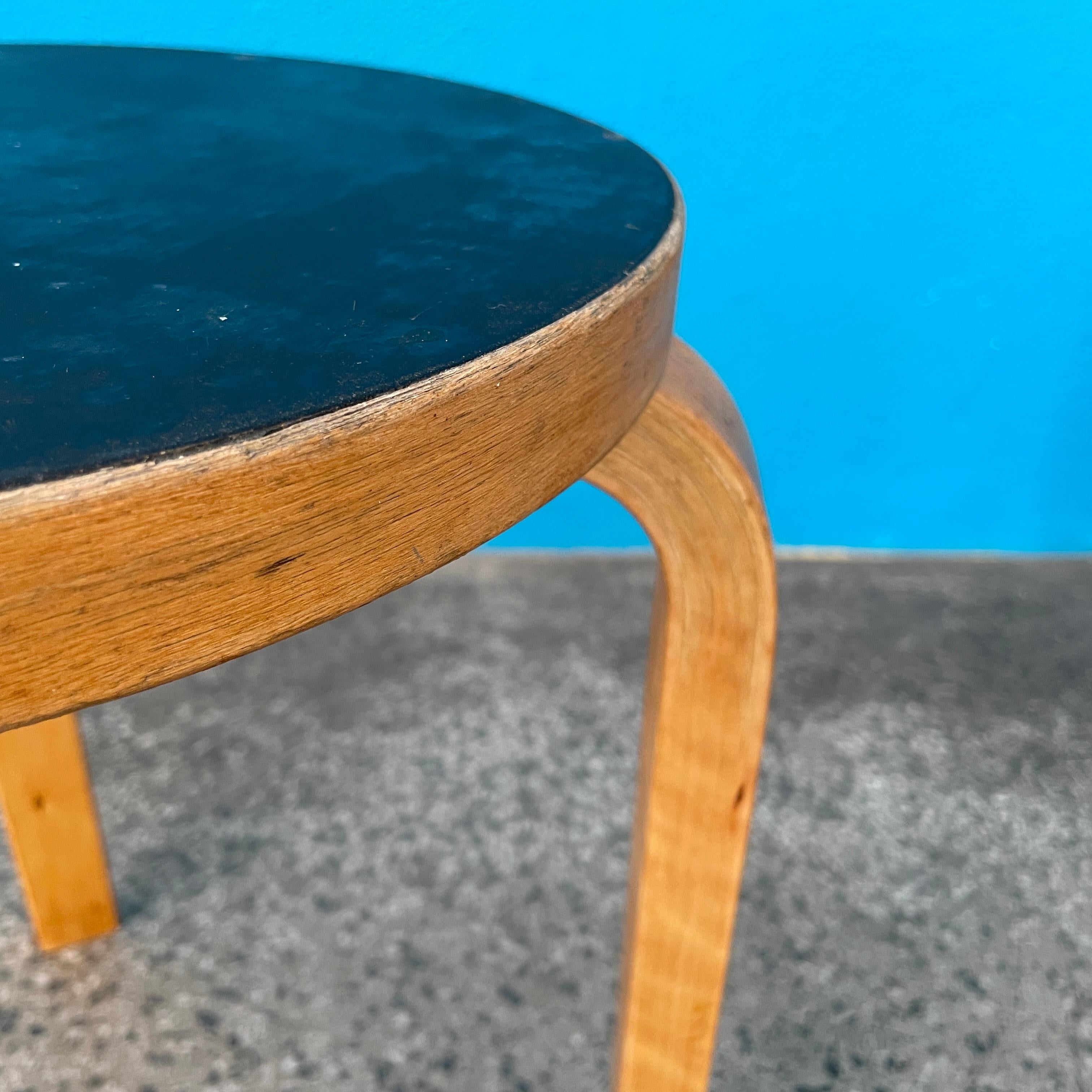 Birch Alvar Aalto Stool 60, Black Linoleum Top, 1950's, Artek Finland