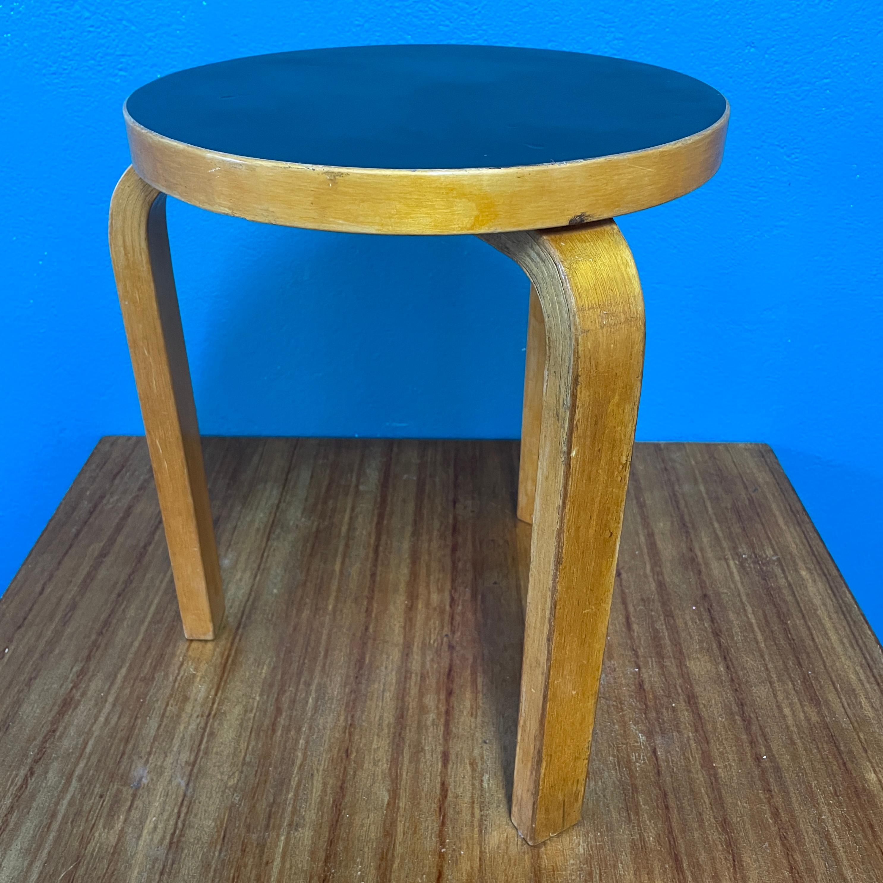 Mid-Century Modern Alvar Aalto Stool 60, Black Linoleum Top, 1950's, Artek