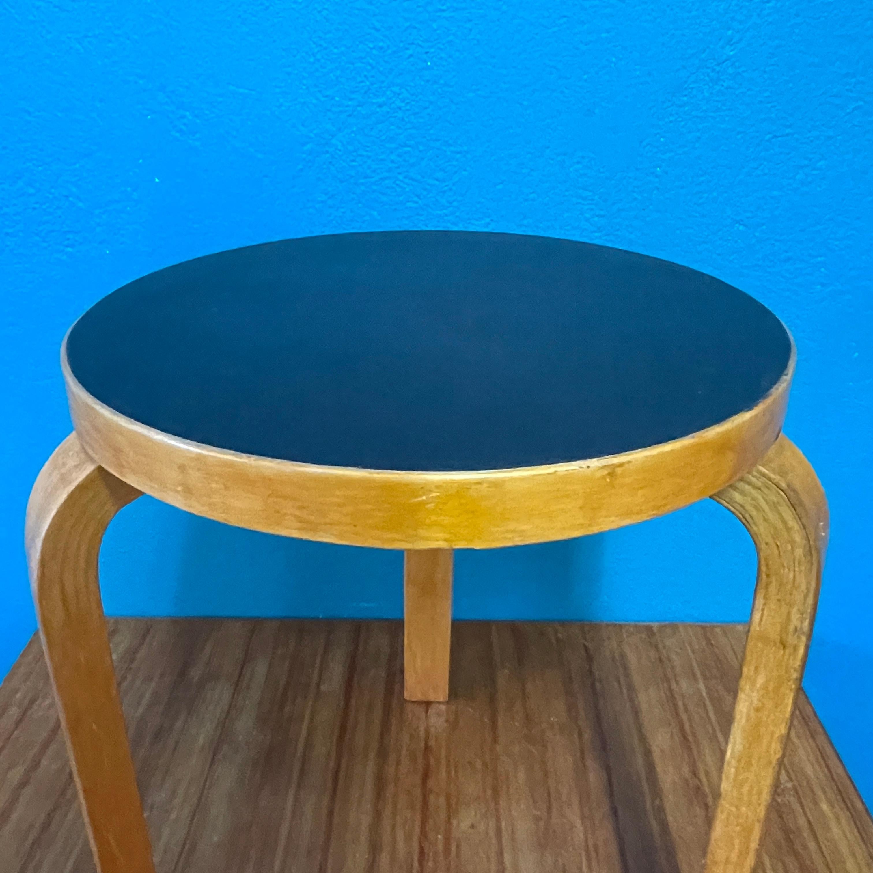 Woodwork Alvar Aalto Stool 60, Black Linoleum Top, 1950's, Artek