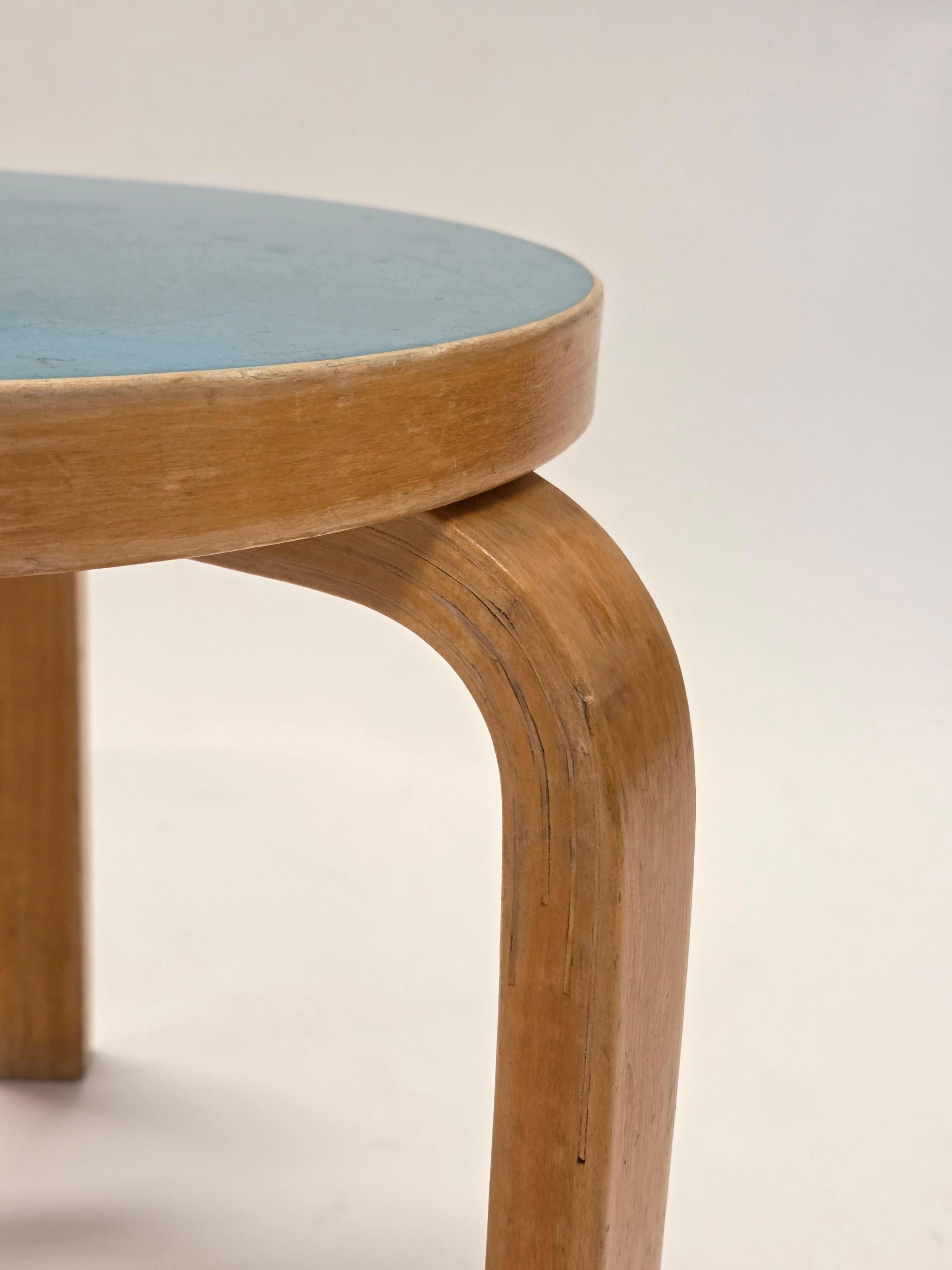 Scandinavian Modern Alvar Aalto Stool 60 by Artek in Blue Linoleum For Sale