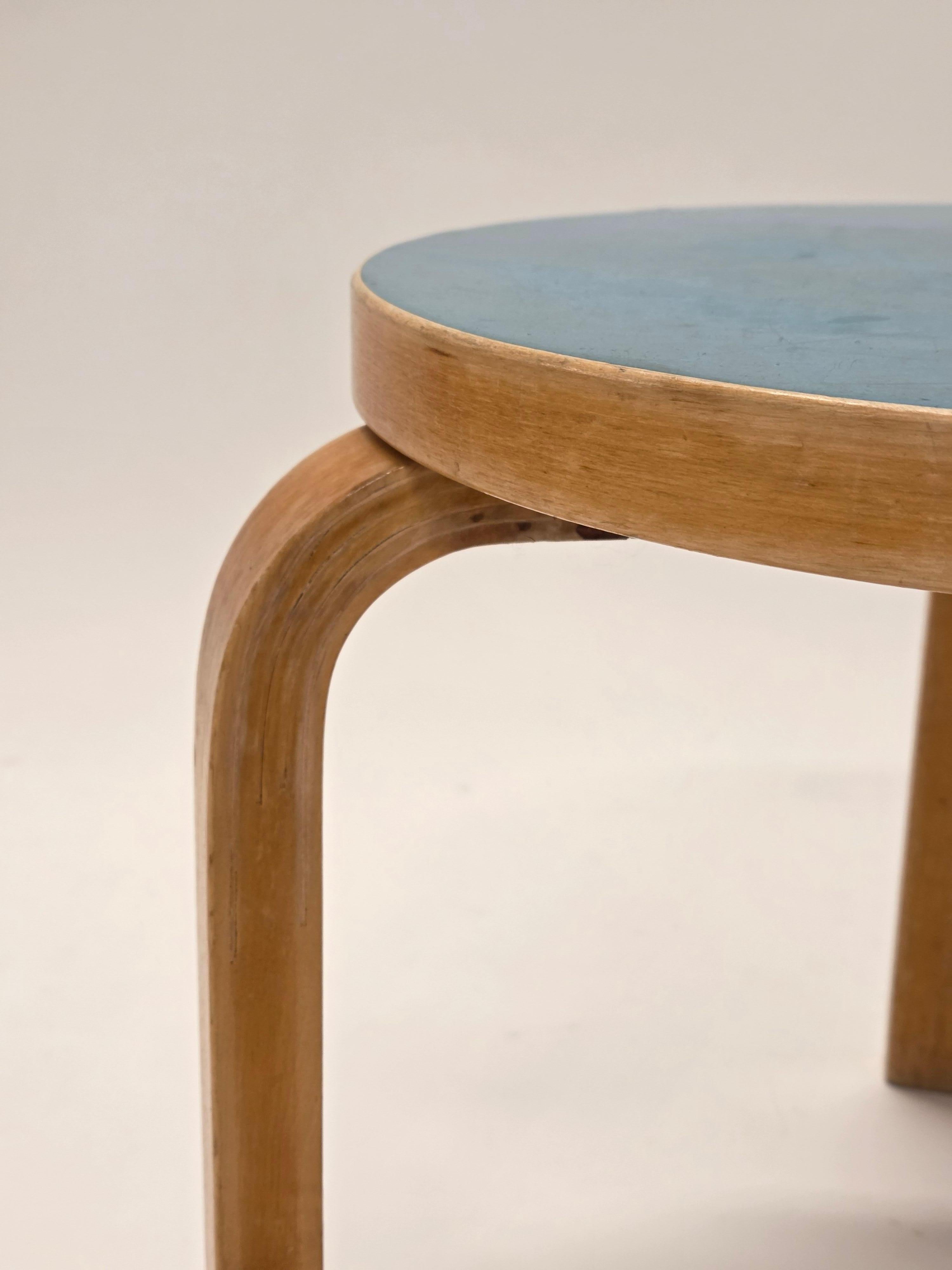 Finnish Alvar Aalto Stool 60 by Artek in Blue Linoleum For Sale