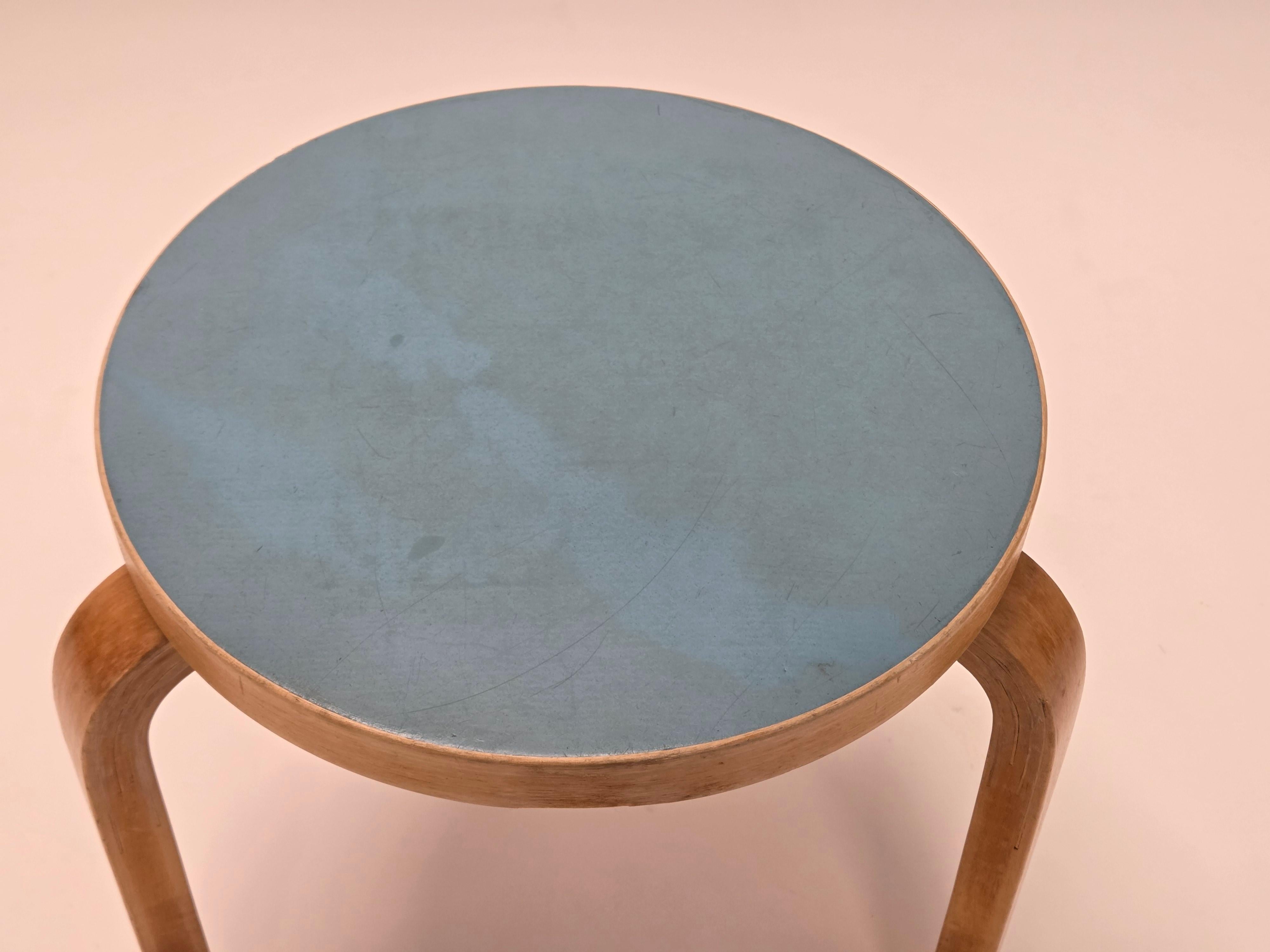 Mid-20th Century Alvar Aalto Stool 60 by Artek in Blue Linoleum For Sale