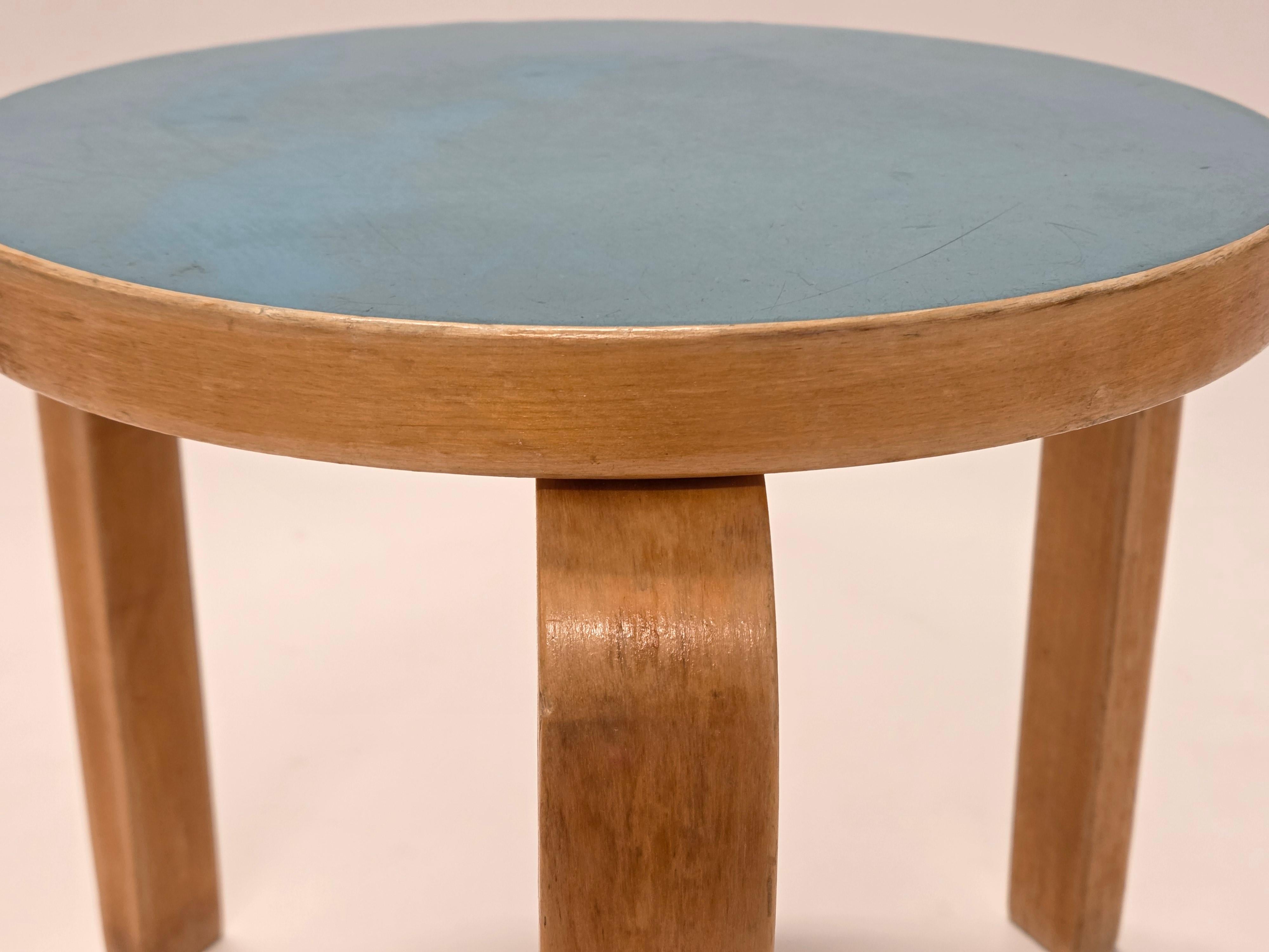 Birch Alvar Aalto Stool 60 by Artek in Blue Linoleum For Sale