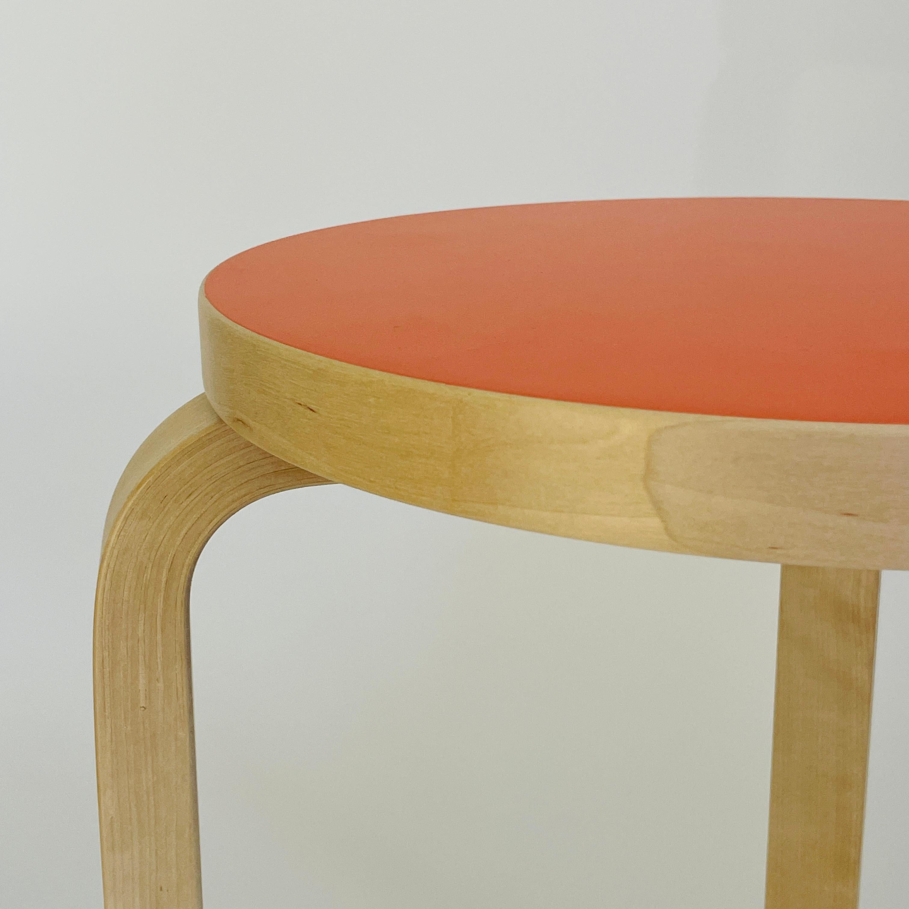 Mid-Century Modern Alvar Aalto Stool 60, Special Orange Color Top, Artek Finland.