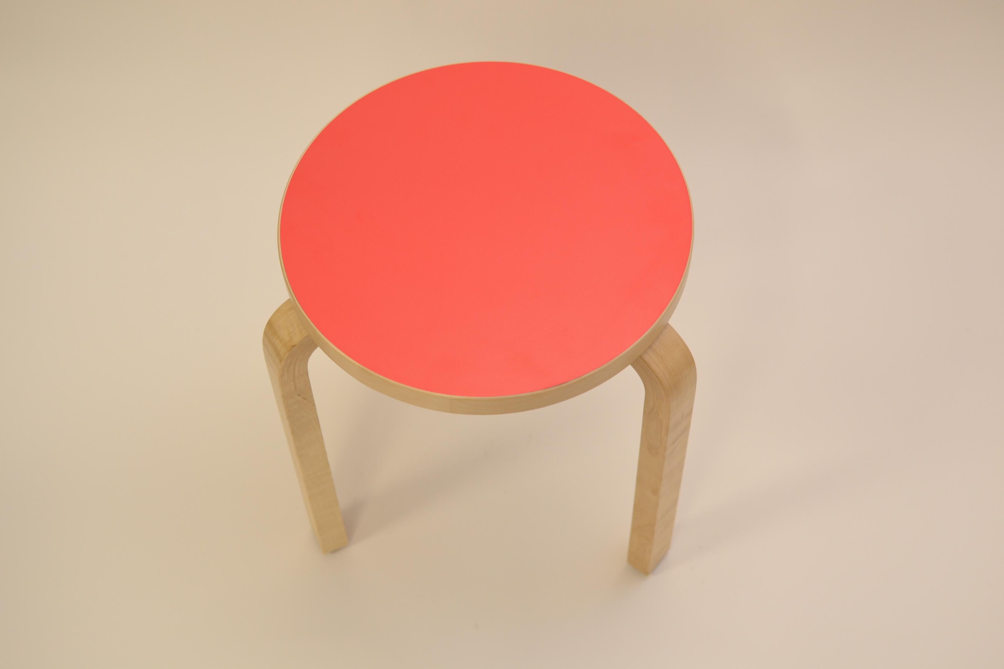 Finnish Alvar Aalto Stool 60, Special Red Color Top, Artek Finland. For Sale