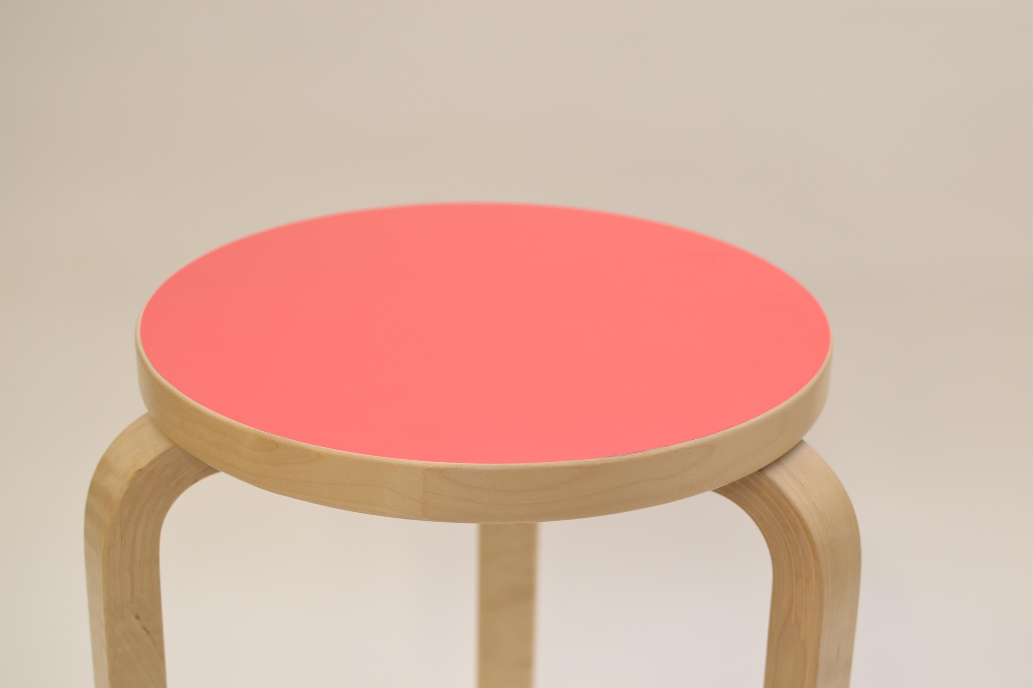 Contemporary Alvar Aalto Stool 60, Special Red Color Top, Artek Finland. For Sale