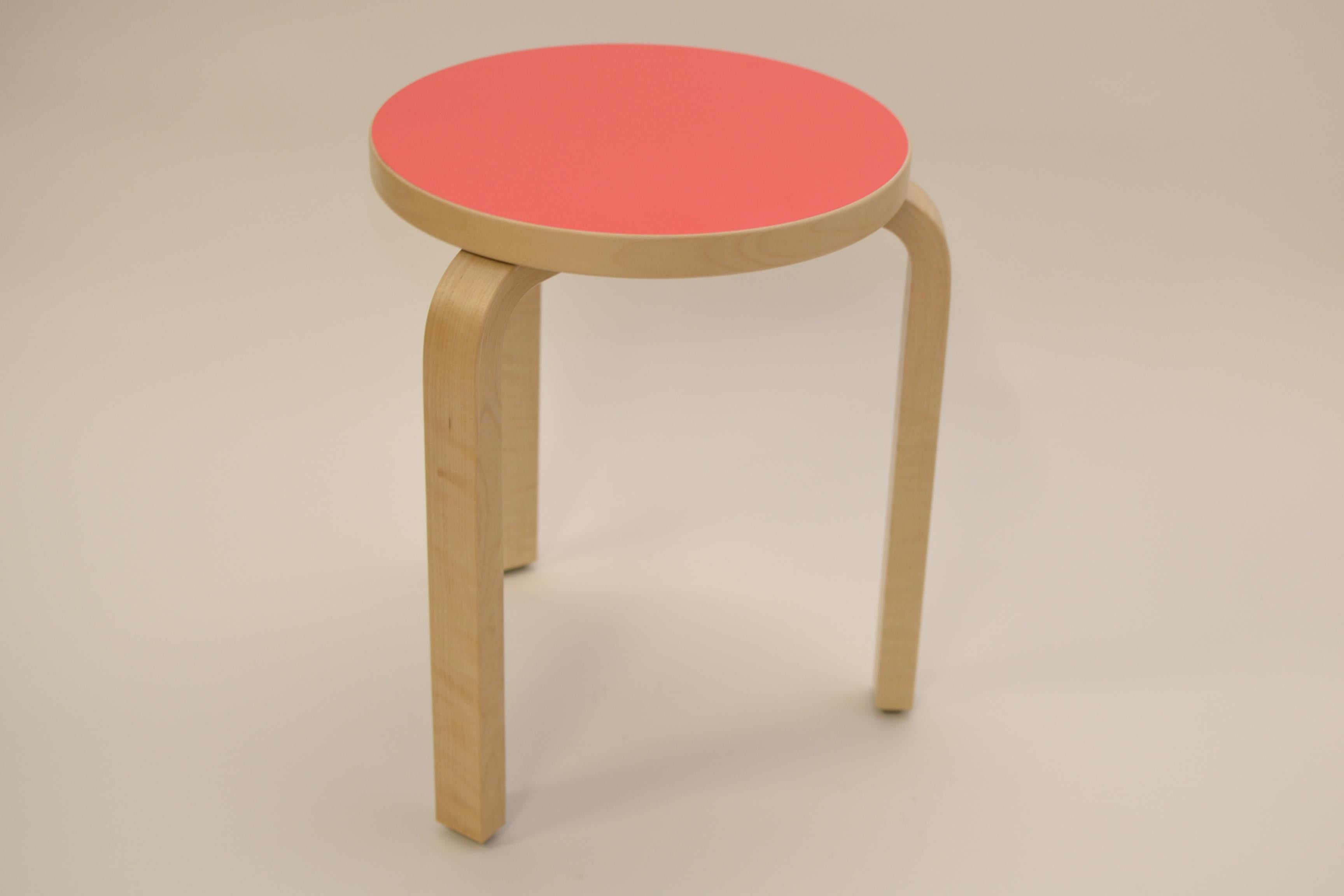 Birch Alvar Aalto Stool 60, Special Red Color Top, Artek Finland. For Sale