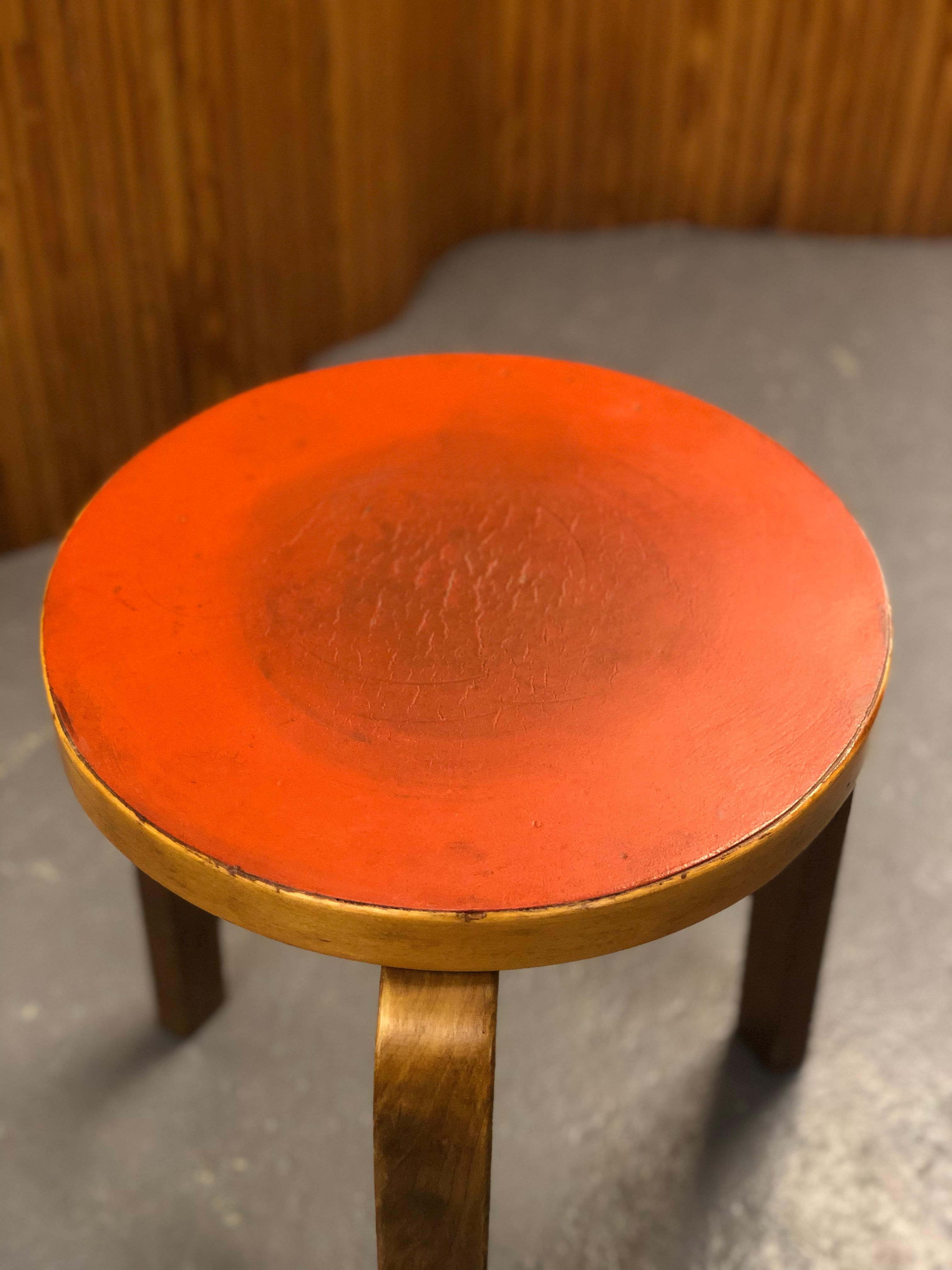 Mid-Century Modern Alvar Aalto Stool Model 60 In Red Linoleum, Artek