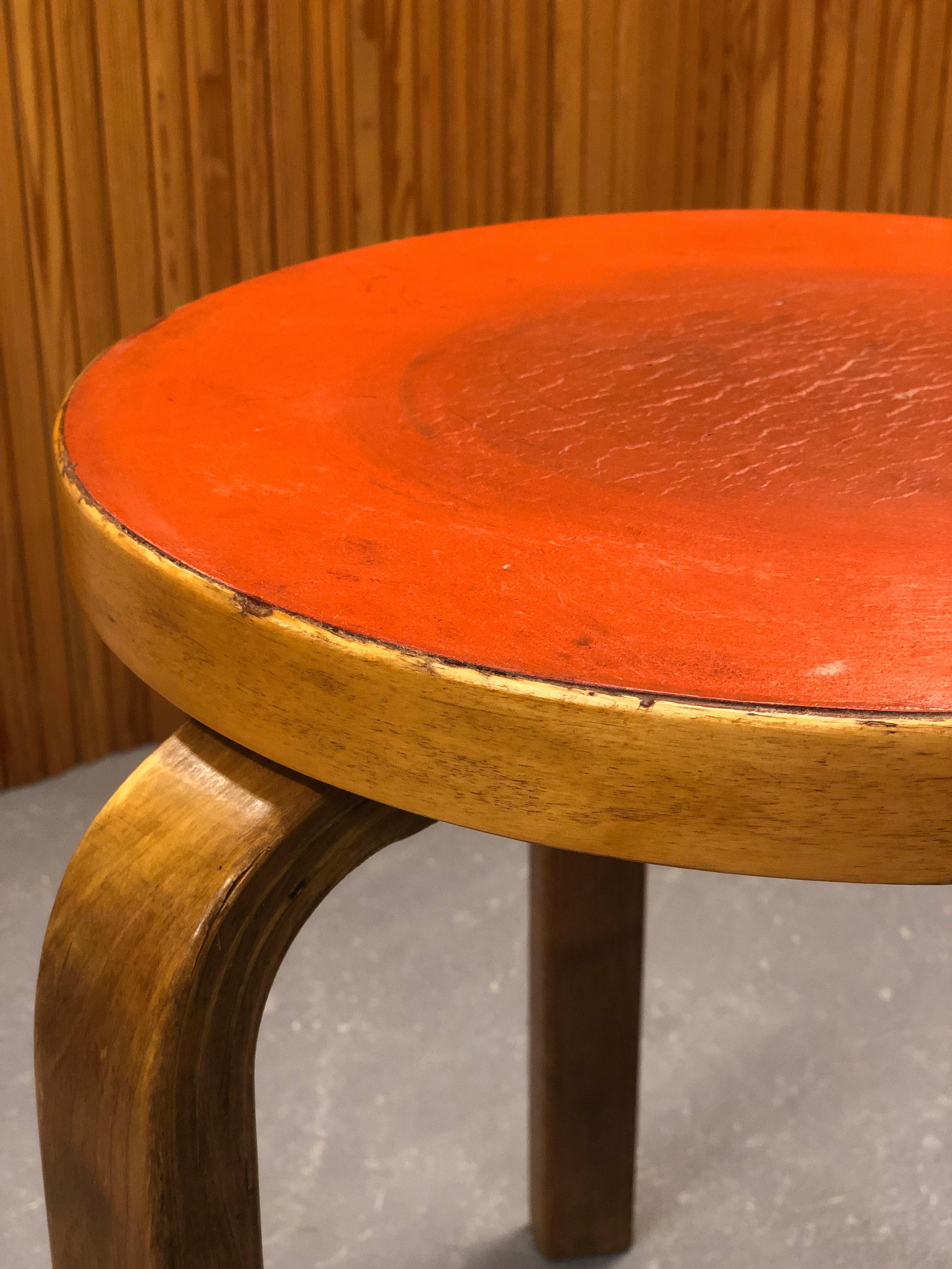 Finnish Alvar Aalto Stool Model 60 In Red Linoleum, Artek