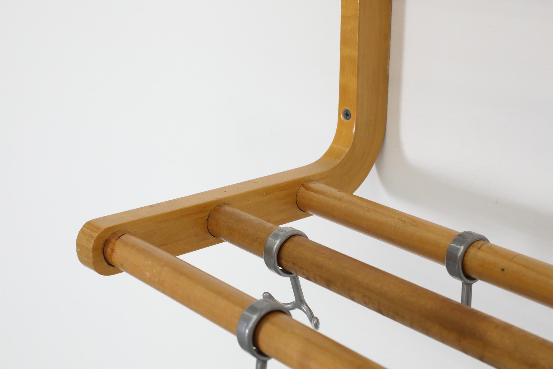 Alvar Aalto Style Bent Beechwood Coat Rack and Shelf with Silver Toned Hooks For Sale 6