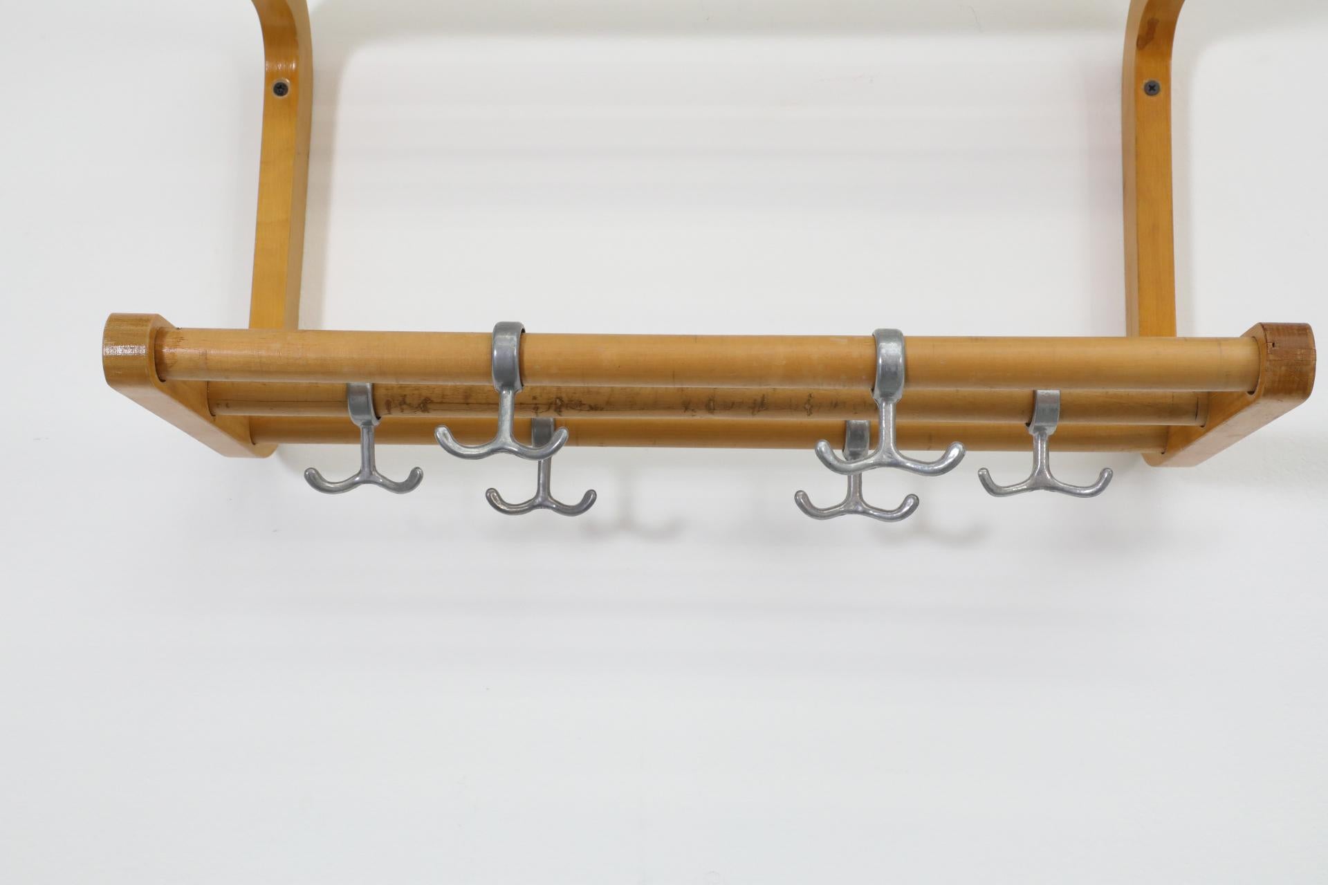 Alvar Aalto Style Bent Beechwood Coat Rack and Shelf with Silver Toned Hooks For Sale 7