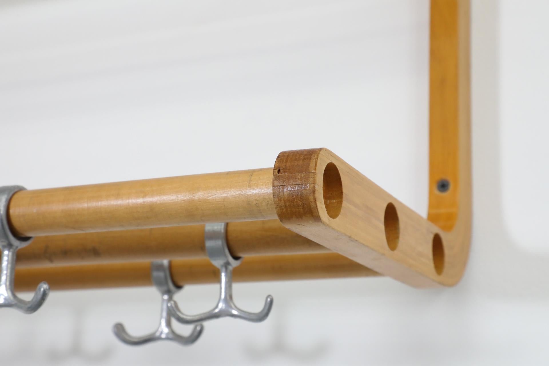 Alvar Aalto Style Bent Beechwood Coat Rack and Shelf with Silver Toned Hooks For Sale 8