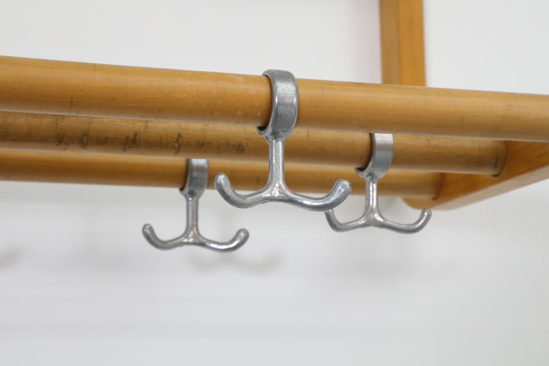 Alvar Aalto Style Bent Beechwood Coat Rack and Shelf with Silver Toned Hooks For Sale 9