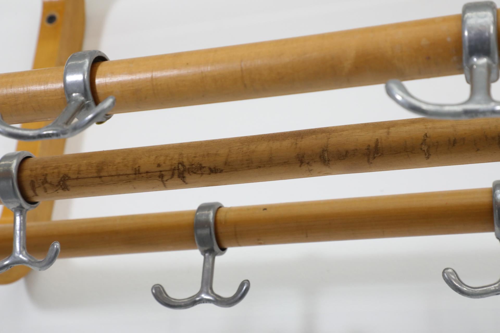 Alvar Aalto Style Bent Beechwood Coat Rack and Shelf with Silver Toned Hooks For Sale 10
