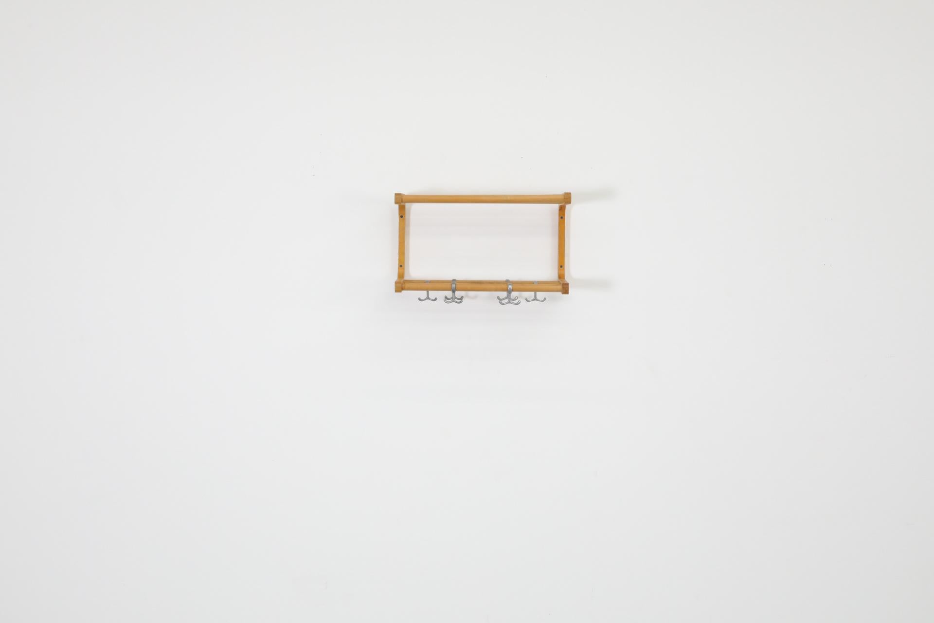 Mid-Century Modern Alvar Aalto Style Bent Beechwood Coat Rack and Shelf with Silver Toned Hooks For Sale
