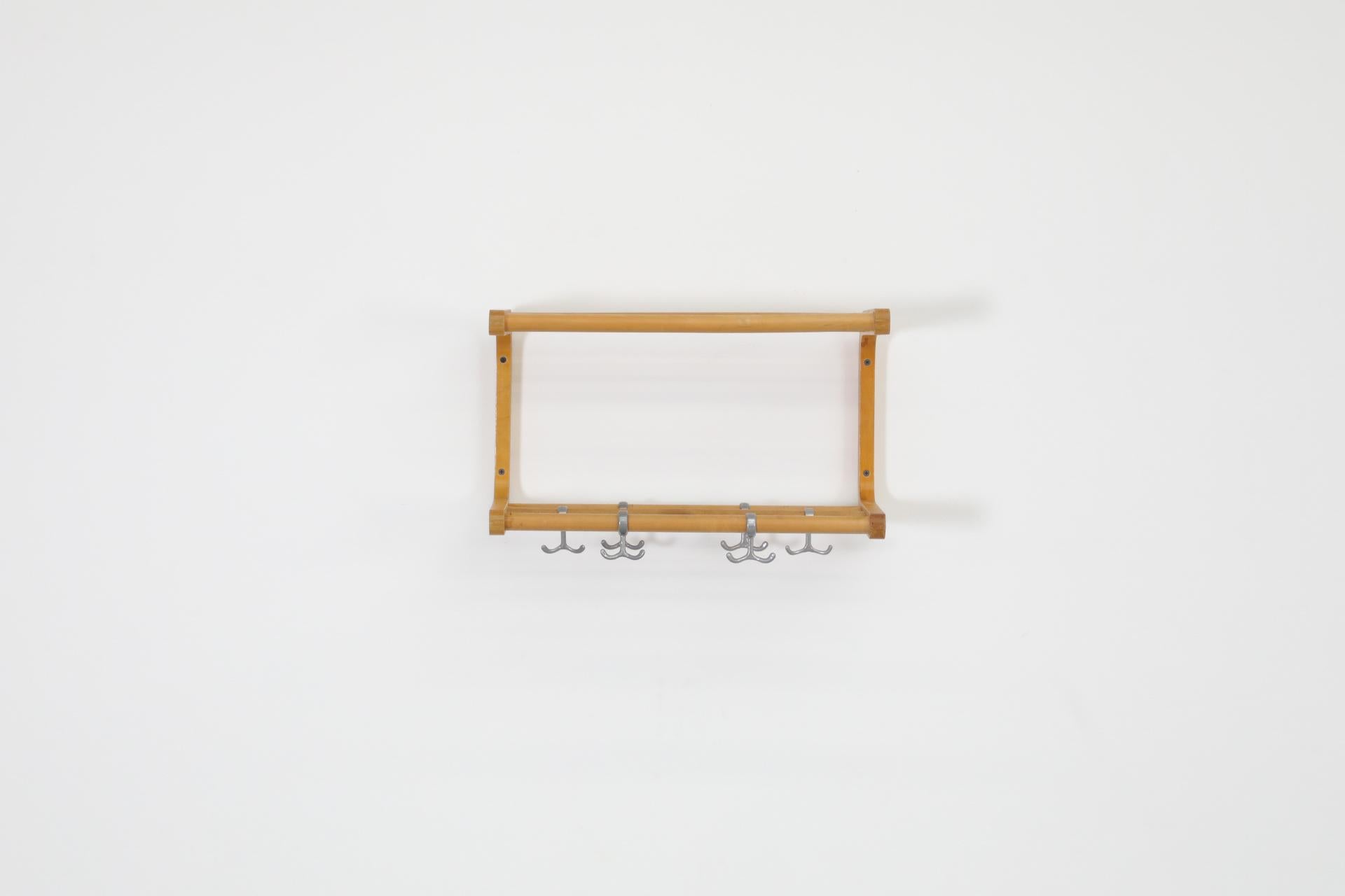 Danish Alvar Aalto Style Bent Beechwood Coat Rack and Shelf with Silver Toned Hooks For Sale