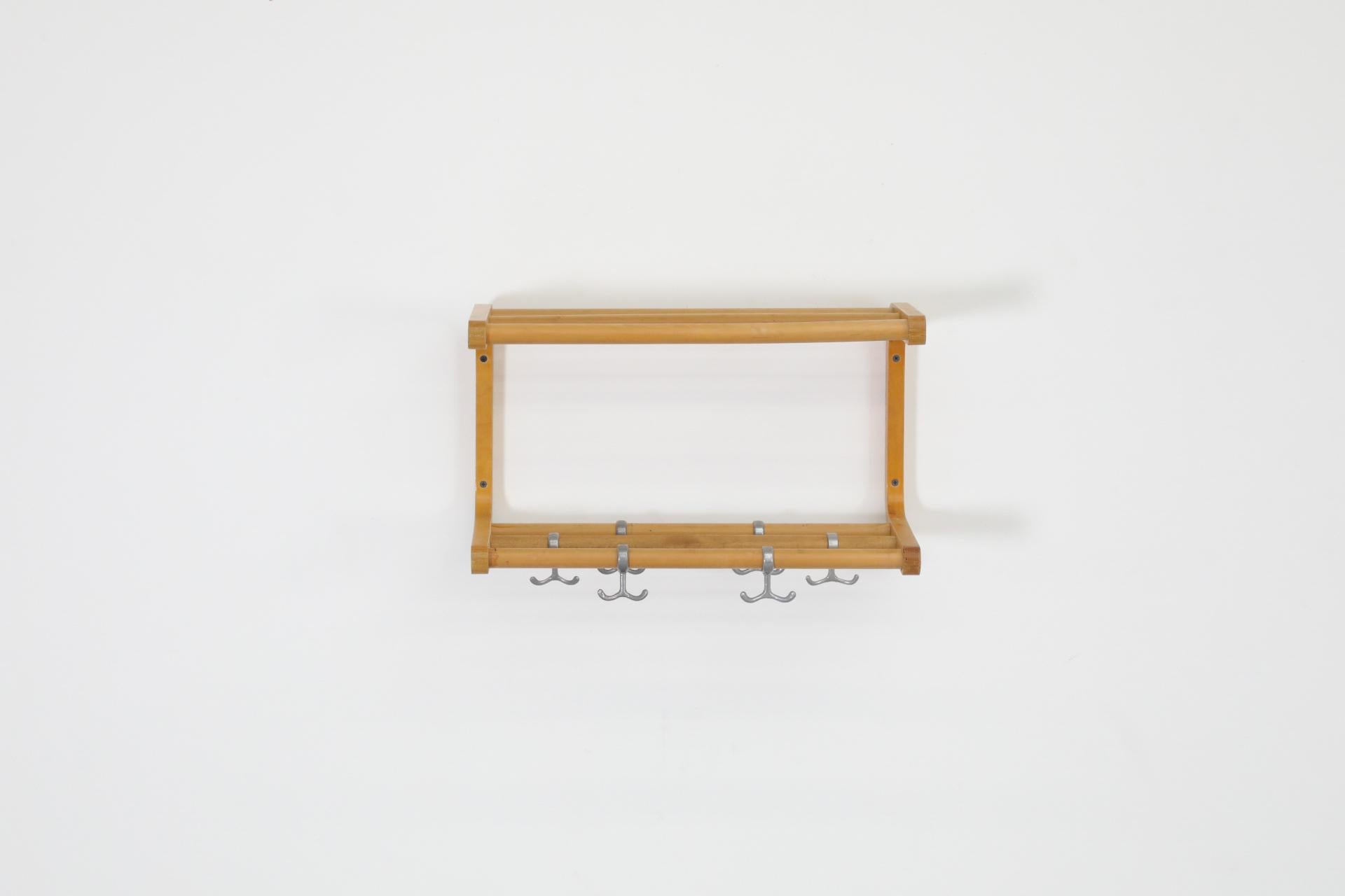 Alvar Aalto Style Bent Beechwood Coat Rack and Shelf with Silver Toned Hooks In Good Condition For Sale In Los Angeles, CA