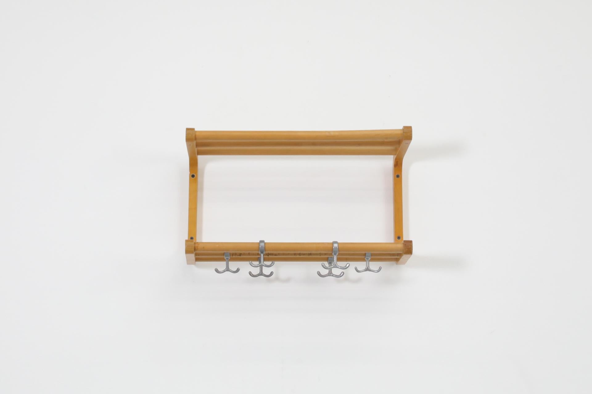 20th Century Alvar Aalto Style Bent Beechwood Coat Rack and Shelf with Silver Toned Hooks For Sale