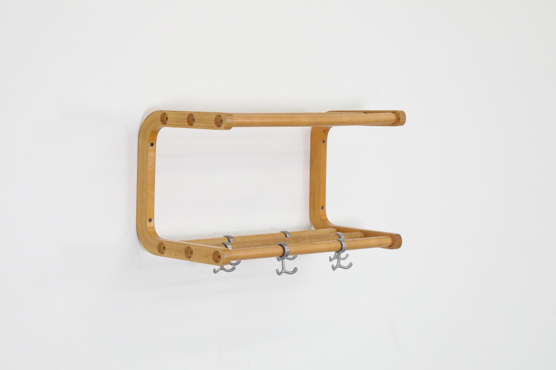 Metal Alvar Aalto Style Bent Beechwood Coat Rack and Shelf with Silver Toned Hooks For Sale