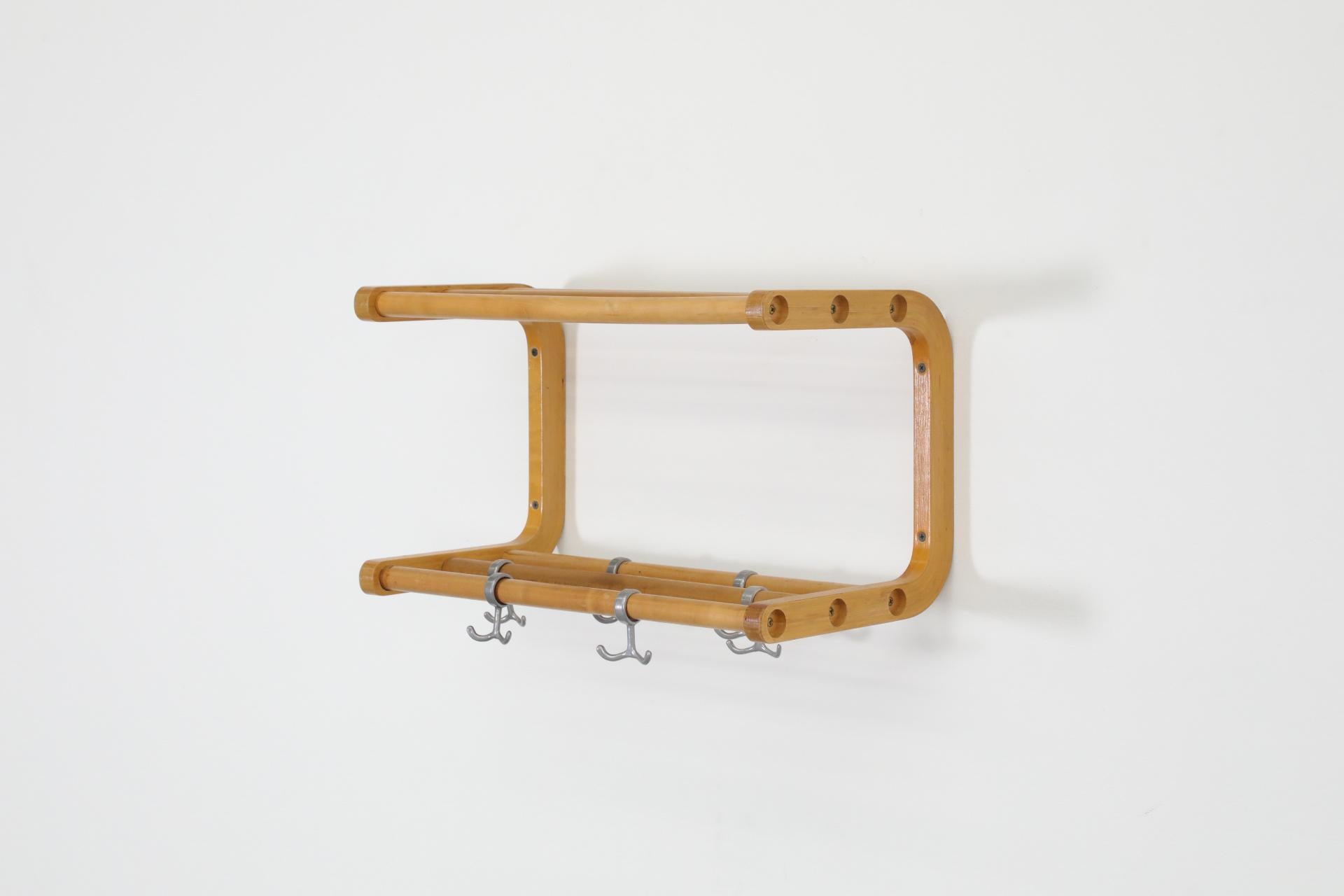 Alvar Aalto Style Bent Beechwood Coat Rack and Shelf with Silver Toned Hooks For Sale 1