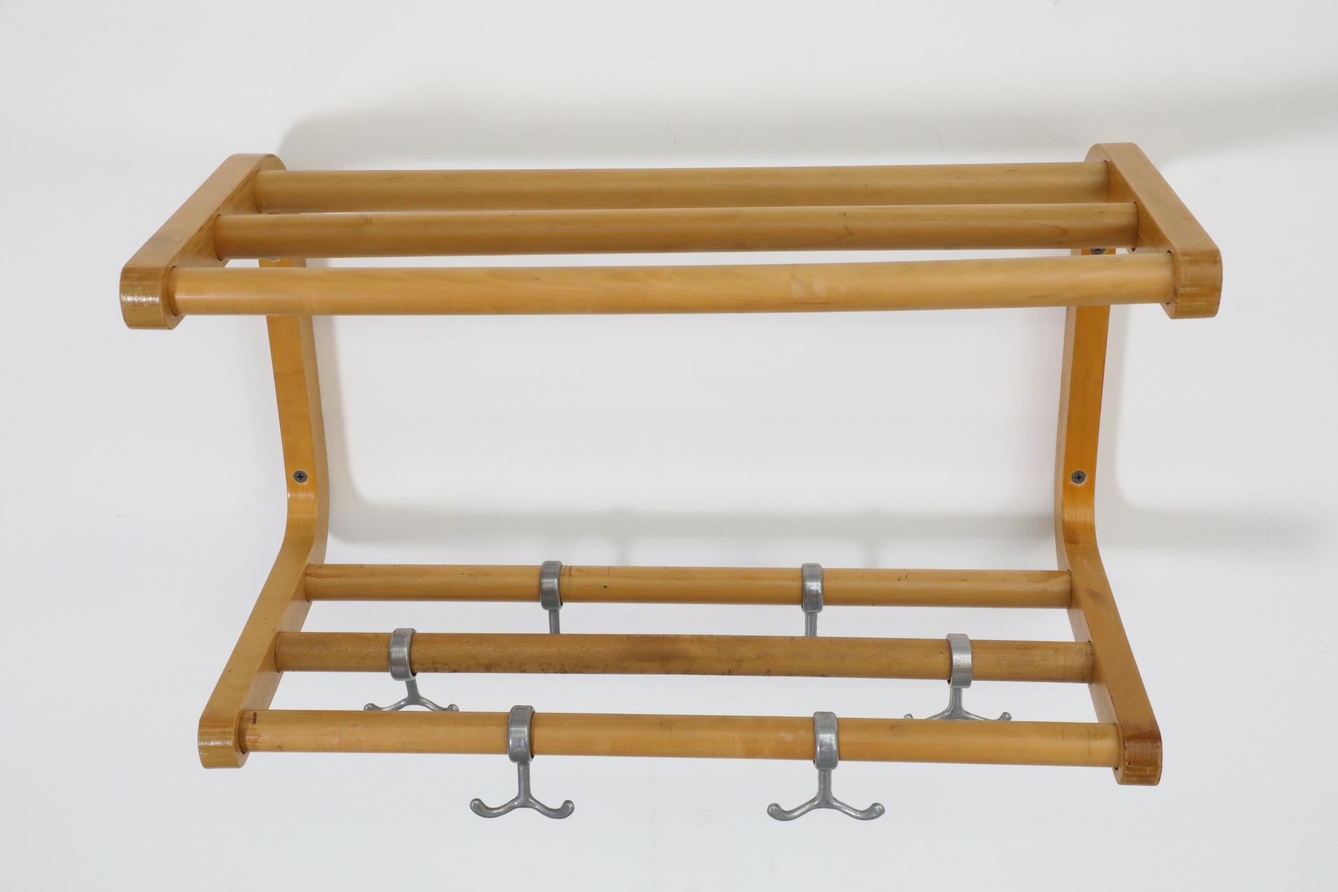 Alvar Aalto Style Bent Beechwood Coat Rack and Shelf with Silver Toned Hooks For Sale 2