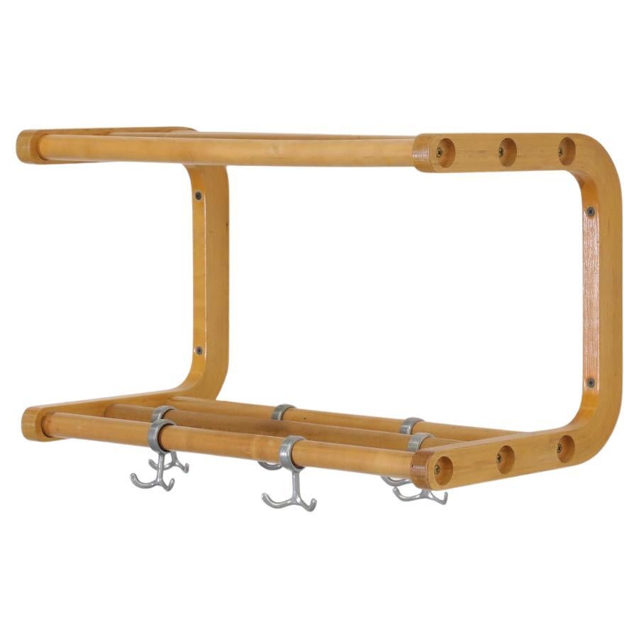 Alvar Aalto Style Bent Beechwood Coat Rack and Shelf with Silver Toned Hooks