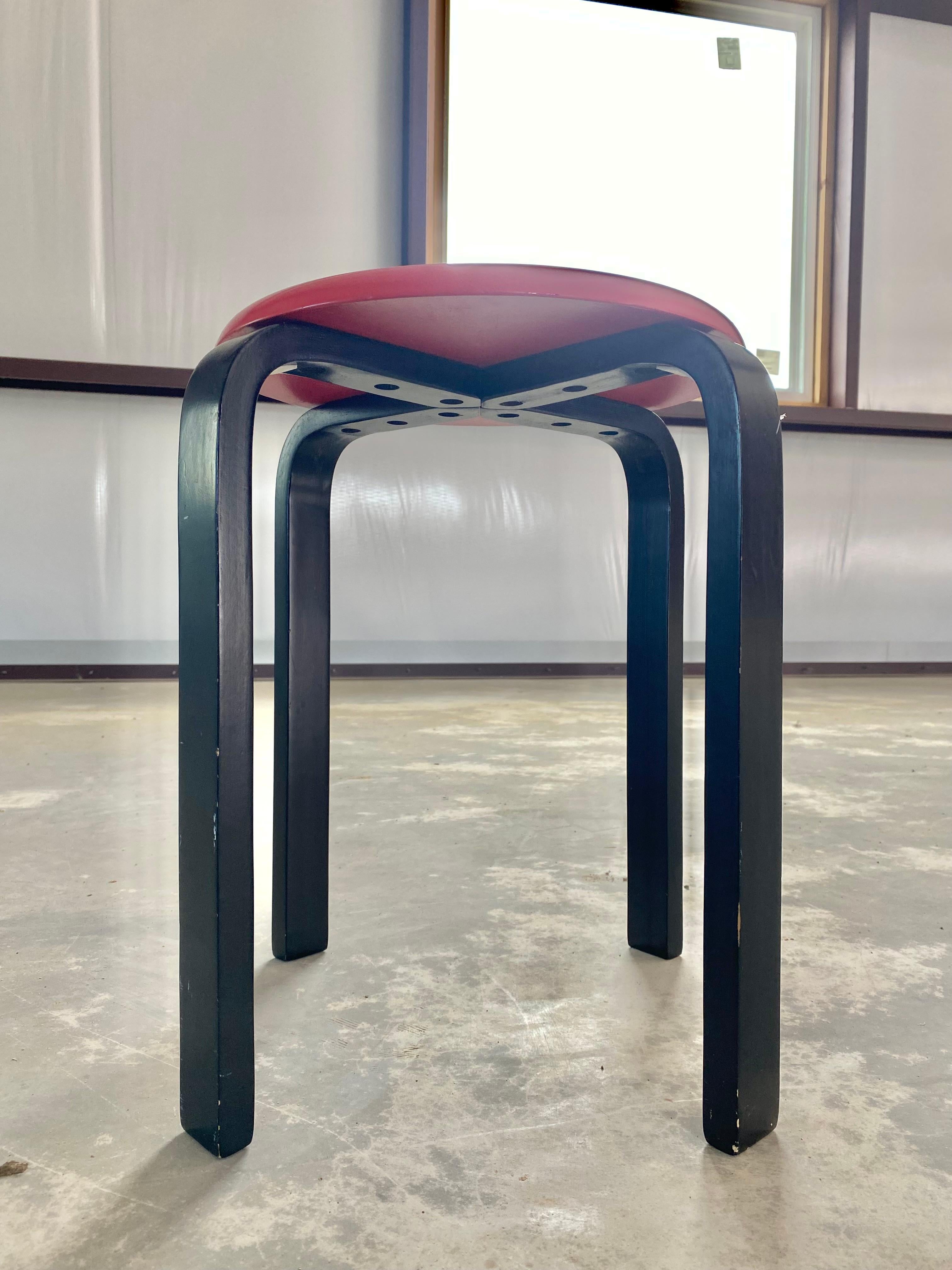Nice and simple set of (3) Postmodern stools in the style of the Artek Stool 60 by Finnish architect and designer Alvar Aalto. 

The originals were a 1930's design that utilized bentwood in a new and unique manner. The stool design has been