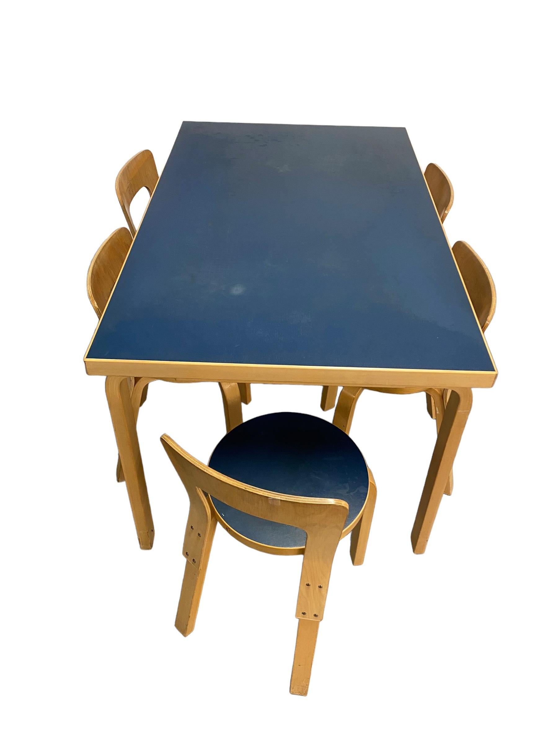 A dining set consisting of a L-leg table and 5 model 65 chairs, designed by Alvar Aalto, manufactured by Huonekalu- Ja Rakennustehdas Oy, and retailed by Artek in Finland. All items are in their completely original condition including the blue