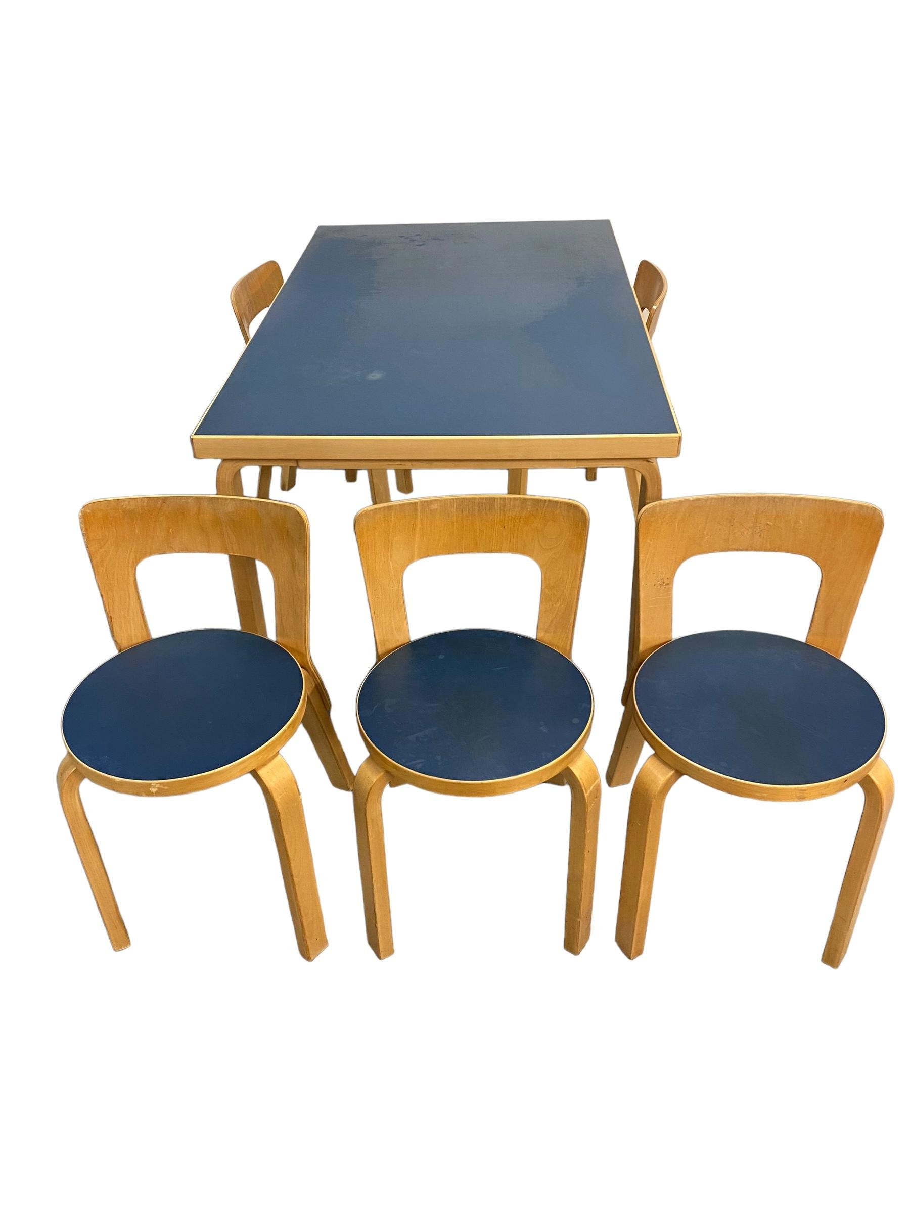 Scandinavian Modern Alvar Aalto Table & 5 Model 65 Chairs In Blue Laminate, 1960s For Sale