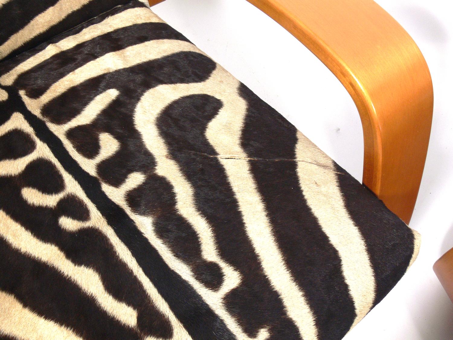 Alvar Aalto Tank Lounge Chairs in Zebra Hide In Distressed Condition In Atlanta, GA