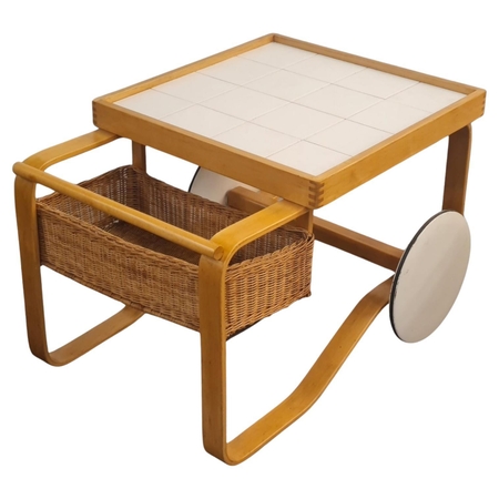 Alvar Aalto Tea Trolley Model 900, White Tiles, Birch & Rattan, Artek 1960s