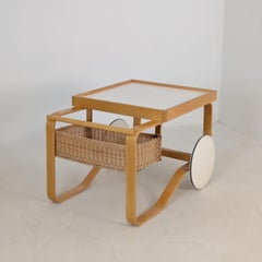 Alvar Aalto Tea Trolley 900, Birch, Rattan, & White Tiles, Artek, Finland 1960s