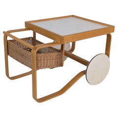 Alvar Aalto Tea Trolley 900, Birch, Rattan, & White Tiles, Artek, Finland 1960s