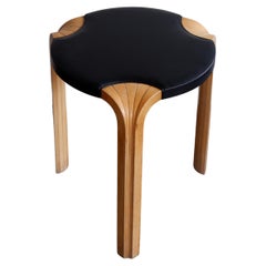 Vintage Alvar Aalto X600 Stool in Birch and Upholstered Black Leather Seat circa 1970