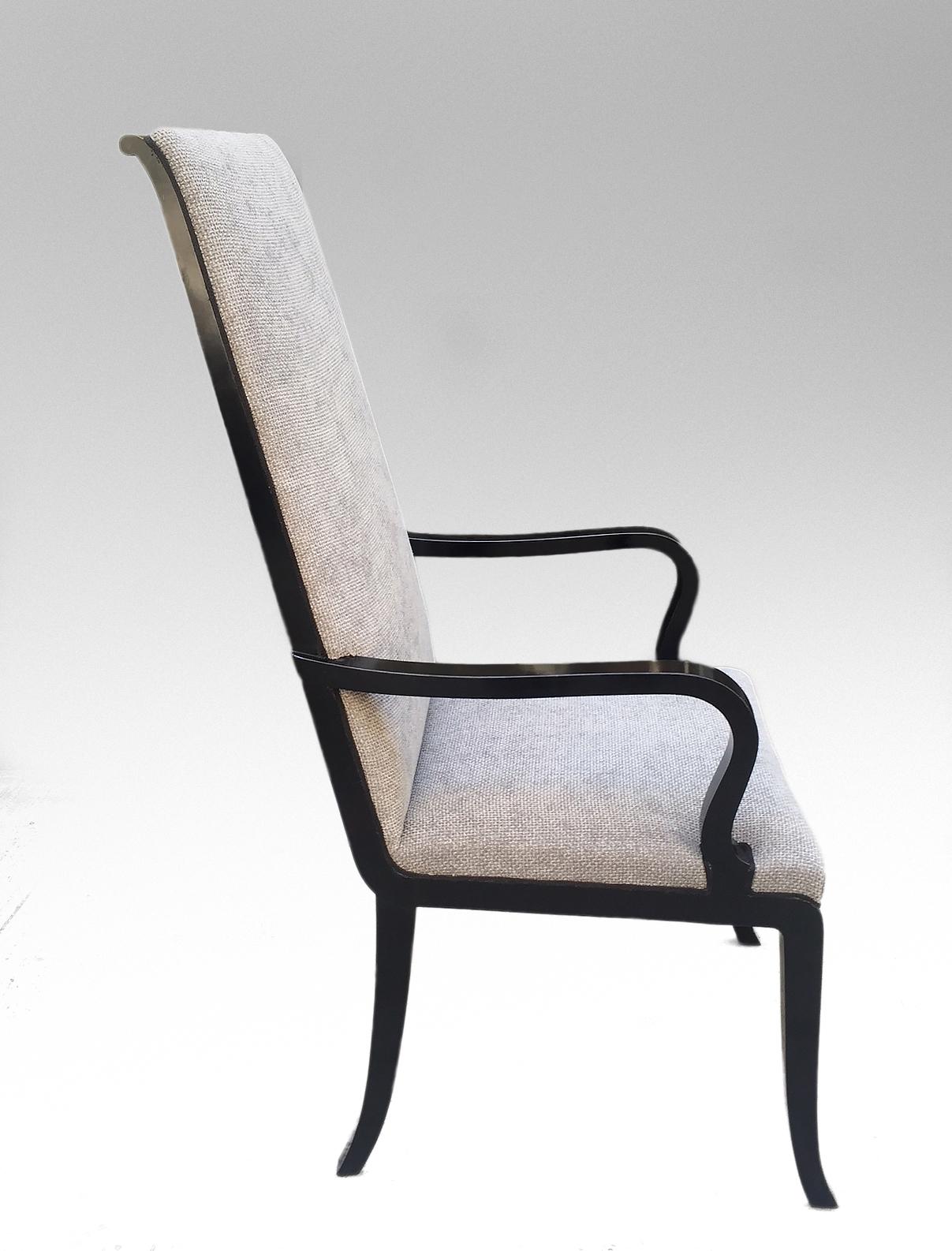 Alvar Andersson Swedish Pewter-Inlaid Ebonized Armchair
An elegant chair with high rectangular back inlaid with pewter, the arms gently scroll, resting on saber legs.
Deigned for Hyresgasternas Mobellaffar.
 