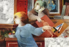 "Blau, Rosa, Cubista", Alvar Sunol, Oil on Board, 20x28, Romanesque Modernist