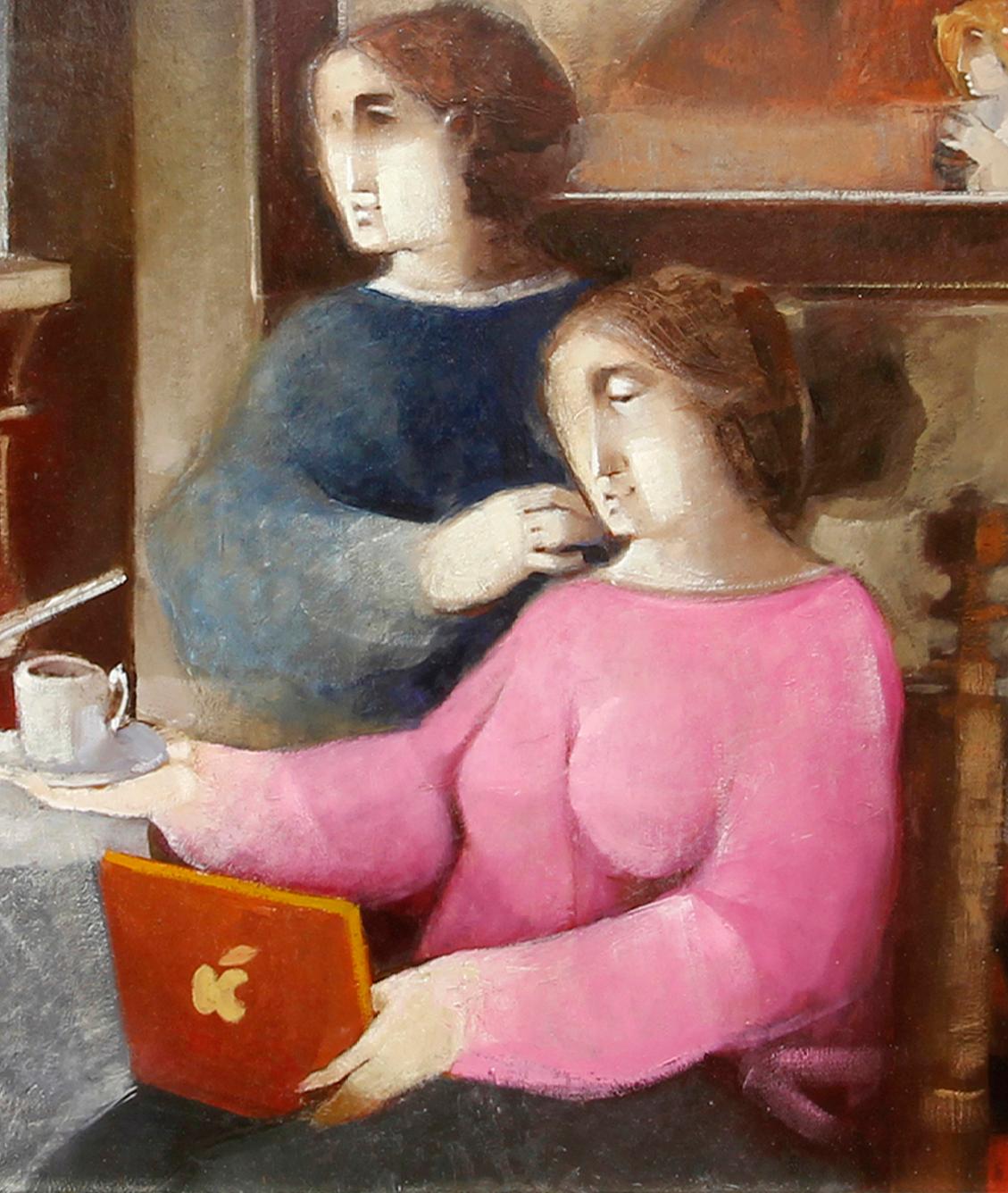 „Kafe Mobile“, Alvar Sunol, Öl auf Karton, 29x29, Romanesque Modernist, Rot – Painting von Alvar Sunol Munoz-Ramos