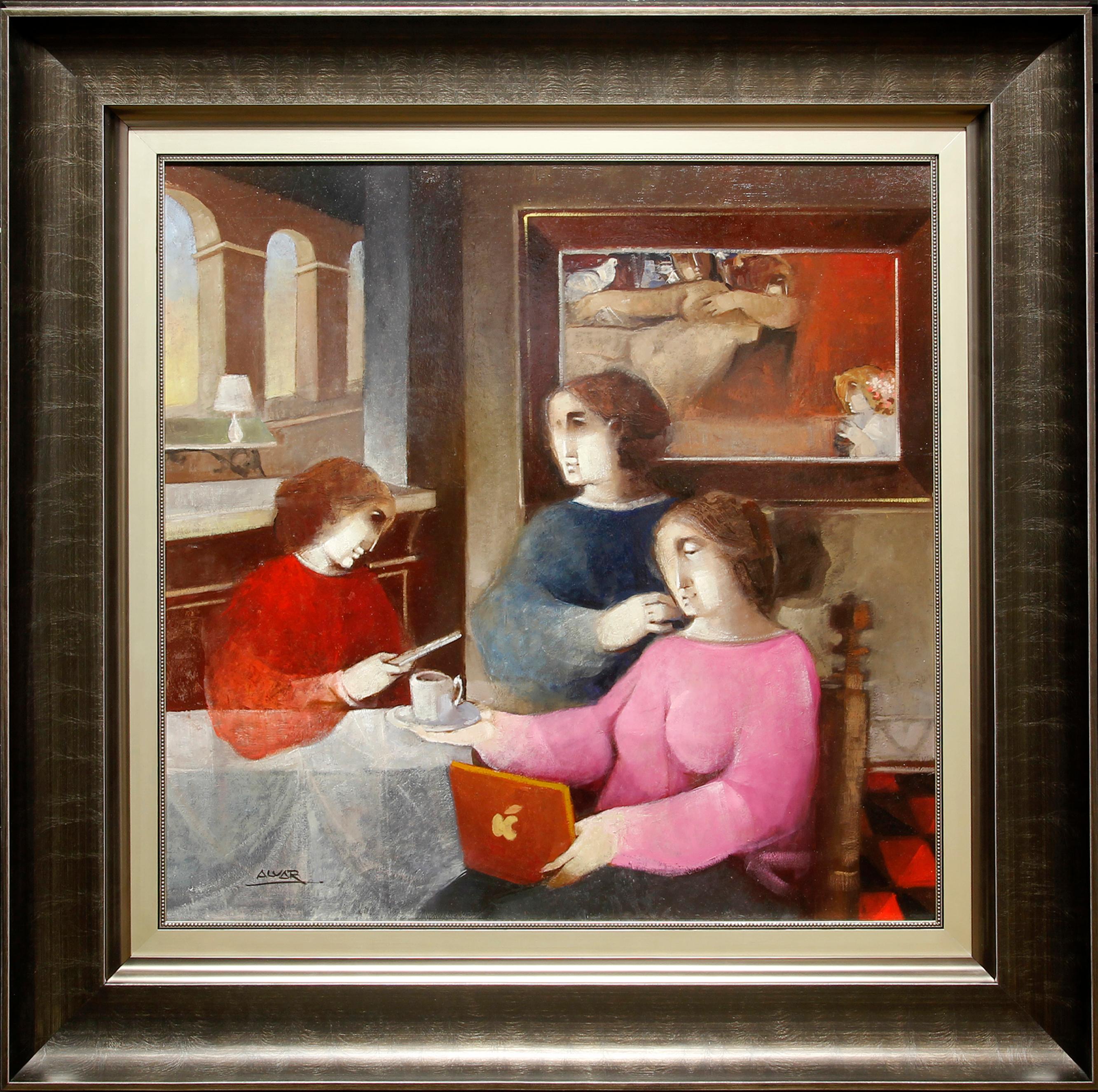 « Cafe Mobile », Alvar Sunol, huile sur carton, 29x29, moderniste romain, rouge - Moderne Painting par Alvar Sunol Munoz-Ramos