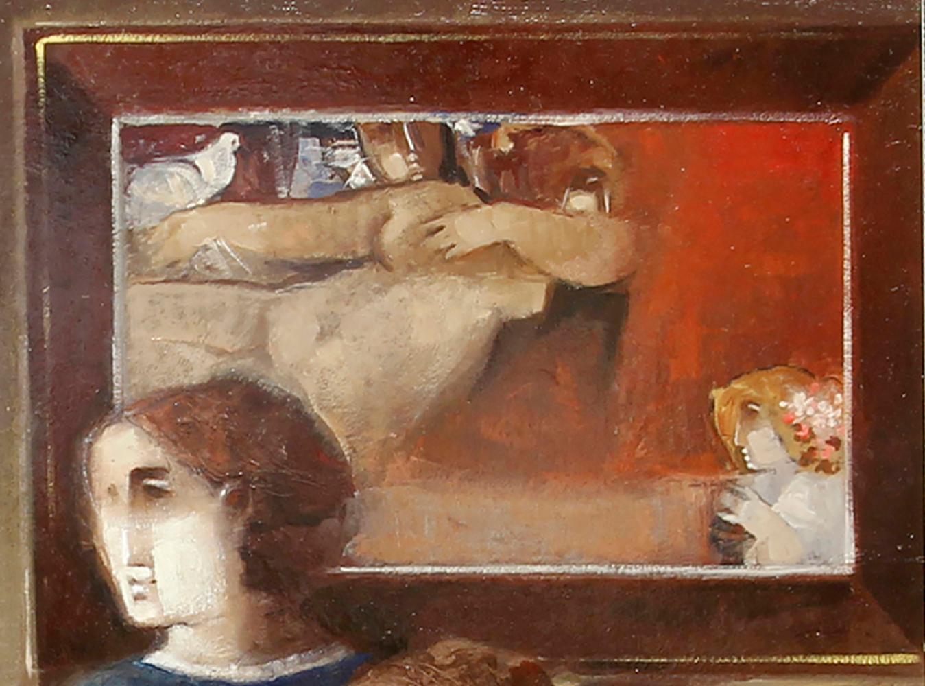 « Cafe Mobile », Alvar Sunol, huile sur carton, 29x29, moderniste romain, rouge - Marron Interior Painting par Alvar Sunol Munoz-Ramos