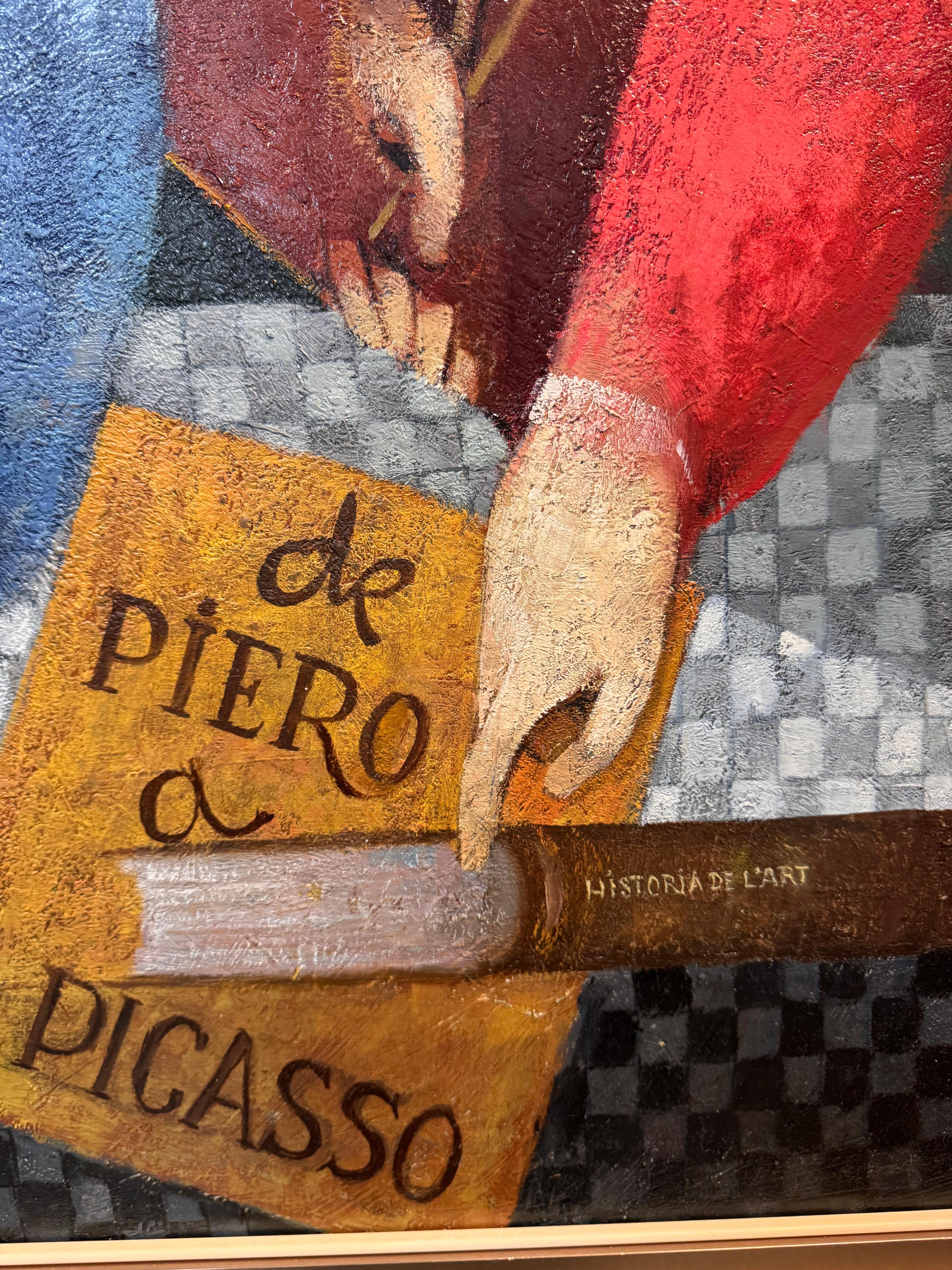 This original oil on canvas is in excellent condition and and has only been shown in a gallery setting. The size dimensions do not include the frame.  

Alvar pays homage to two of his favorite artists in De Piero a Picasso. Early Renaissance