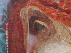 Modern Red and Blue Toned Abstract Embossed Lithograph of Two Figures