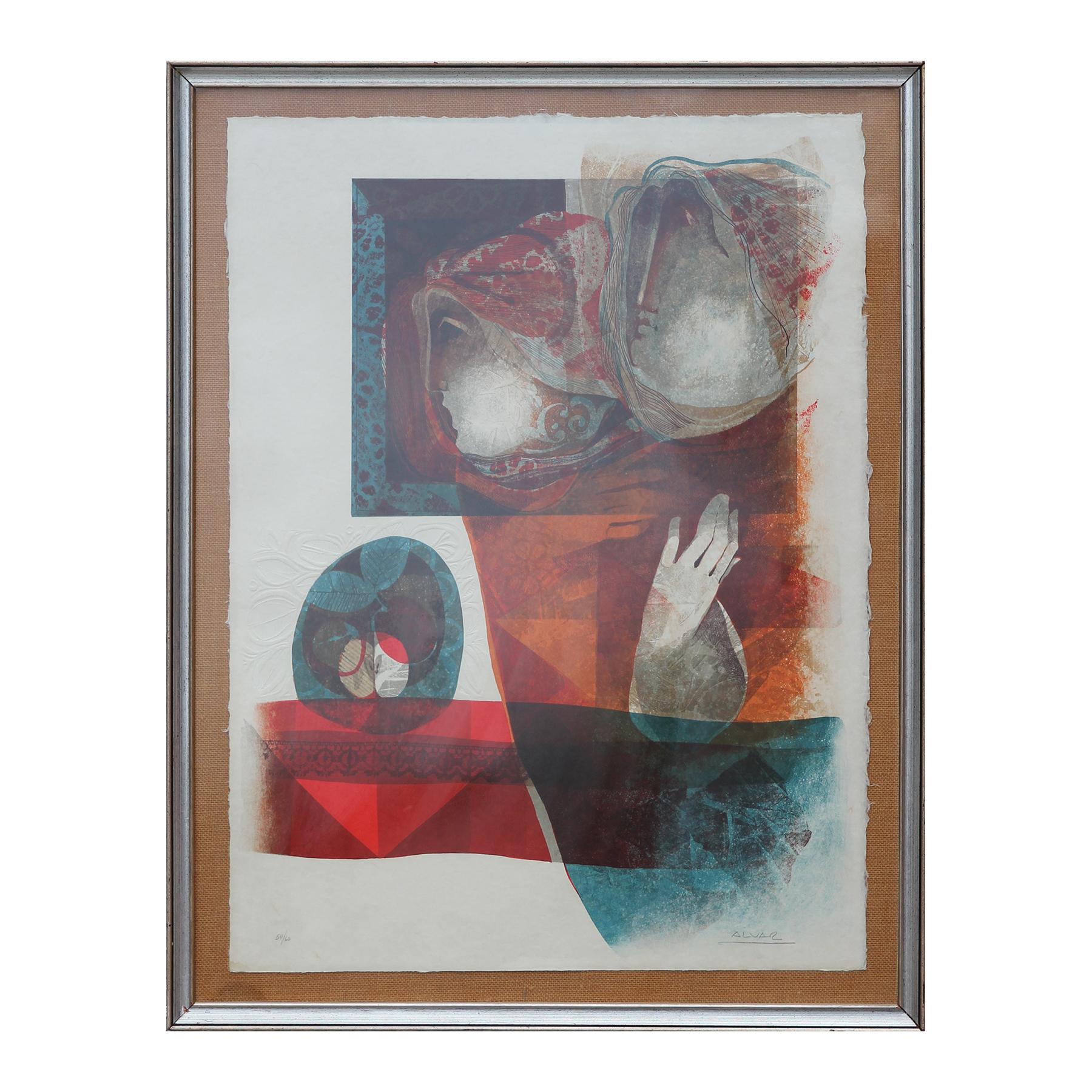 Alvar Sunol Munoz-Ramos Abstract Painting - Modern Red and Blue Toned Abstract Embossed Lithograph of Two Figures