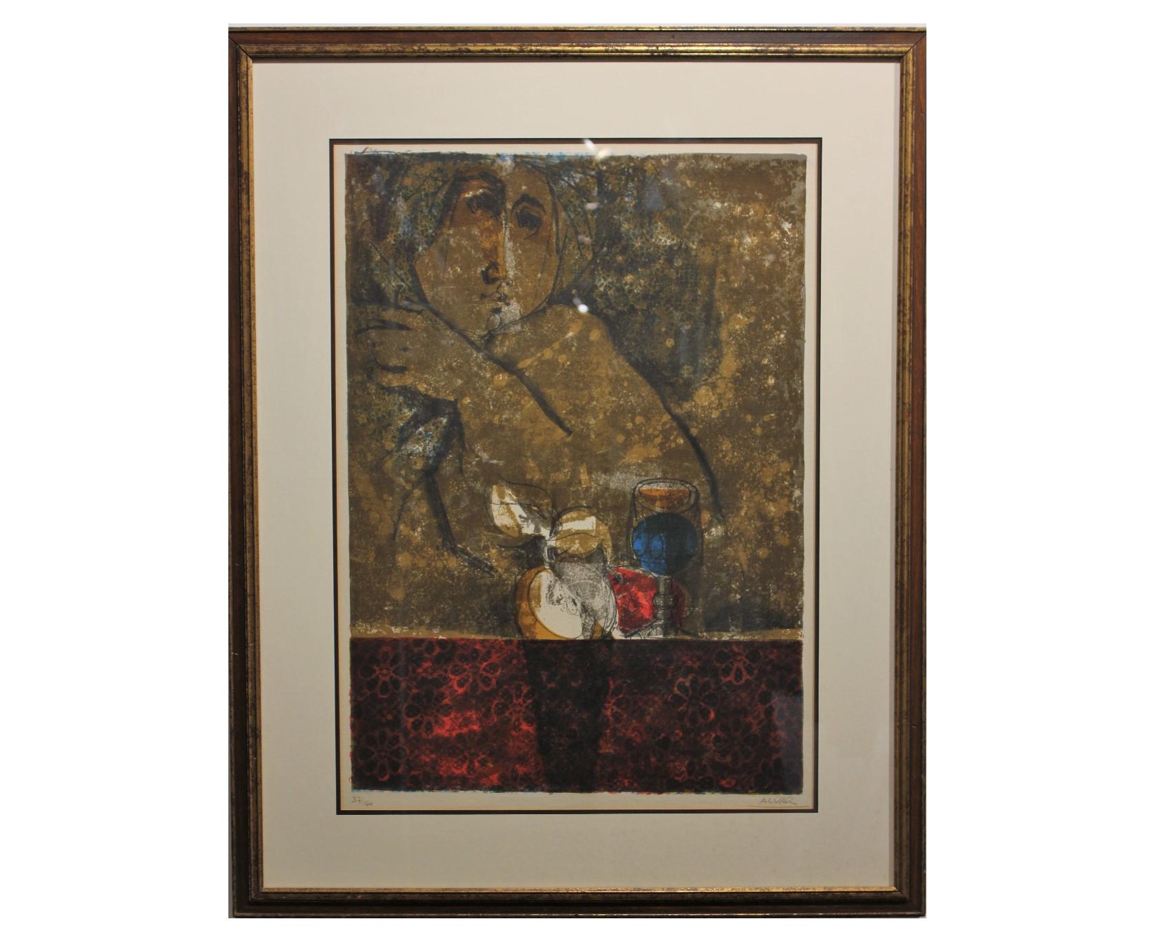 Alvar Sunol Munoz-Ramos Abstract Print – Erdfarbene abstrakte figurative Frau mit Trinkgläsern 137/140