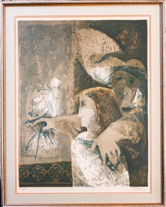 "Gray with Dove" 54/100 Cubist Mother Child Bird Blue Earth Tones Peaceful