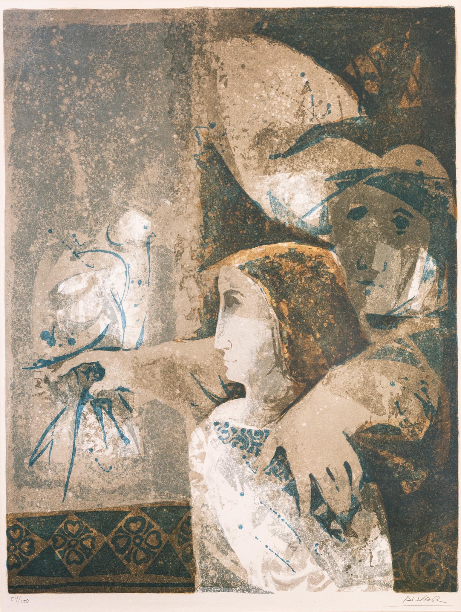 Abstract Print Alvar Sunol Munoz-Ramos - "Gris avec colombe" 54/100 Cubiste Mère Enfant Oiseau Bleu Tons de Terre Paisible
